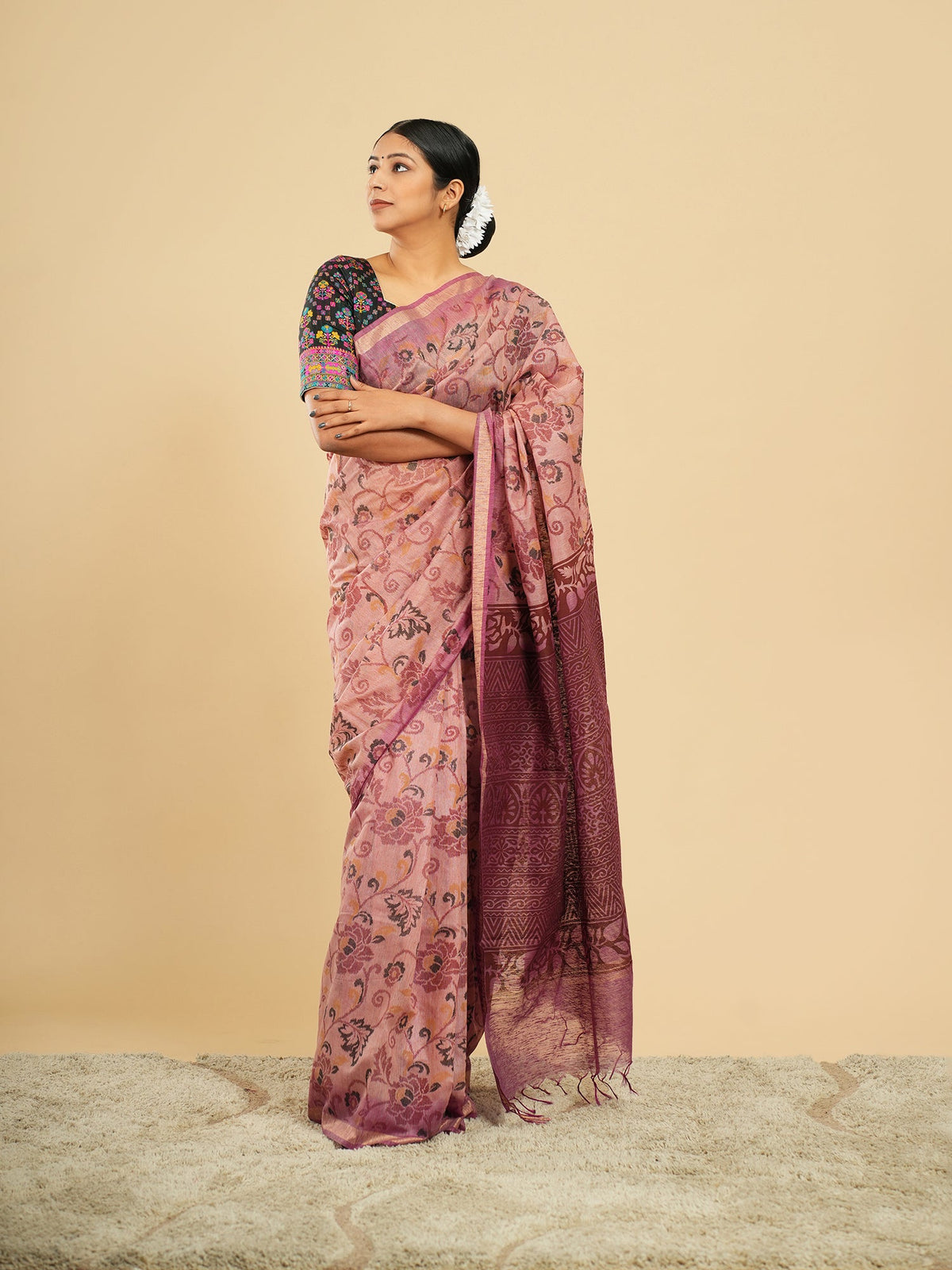 Rosewood pink printed saree in bamboo silk with floral motifs, full-length drape — Koshnika