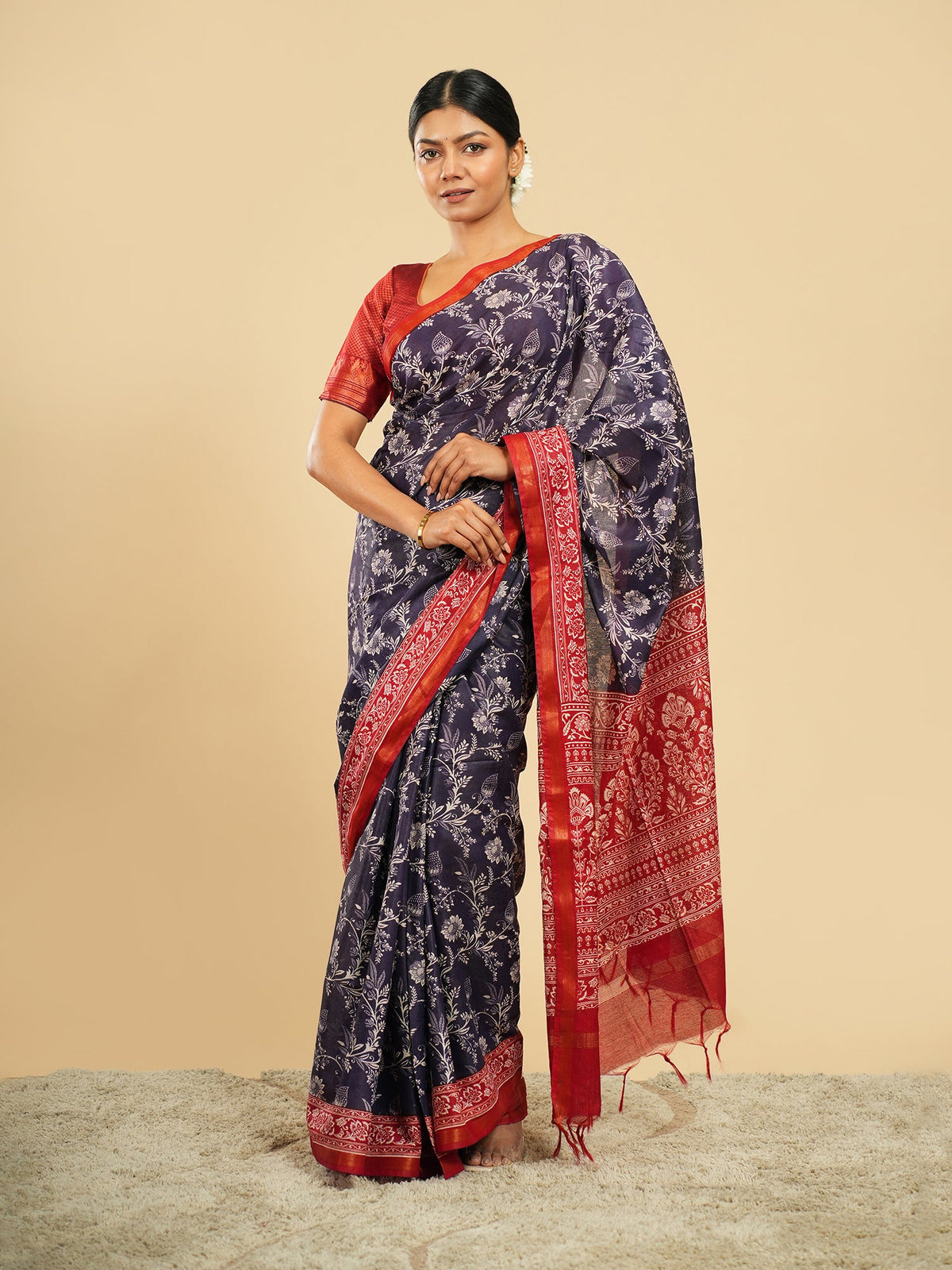 Navy modal saree with red border, easy to care for — Koshnika