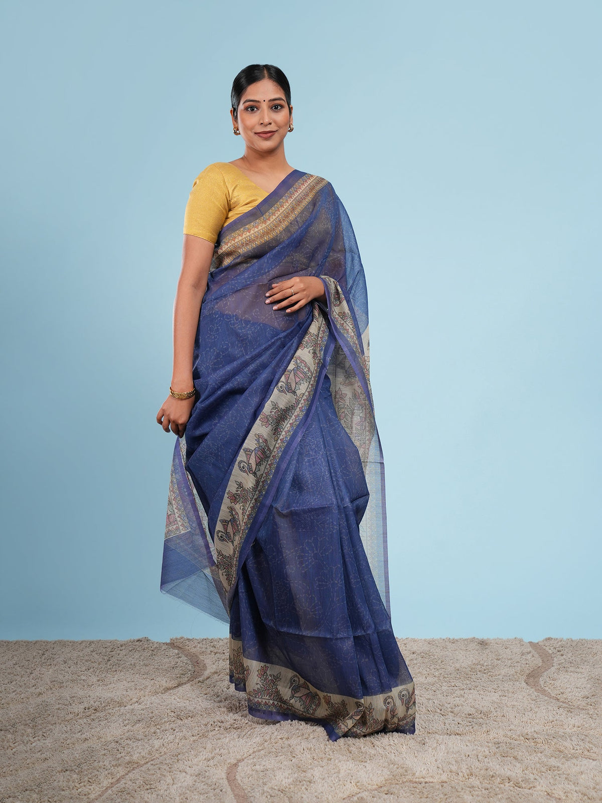 Royal blue Tussar silk saree drape, the textured alternative to a bamboo silk saree — Koshnika