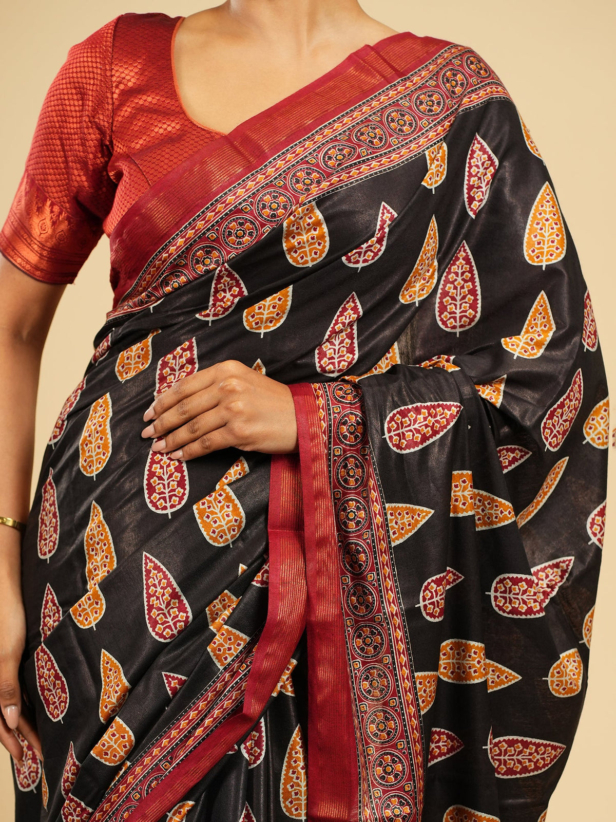 Noir black Modal block-print saree in a full-length drape, a saree fabric that resists wrinkles — Koshnika