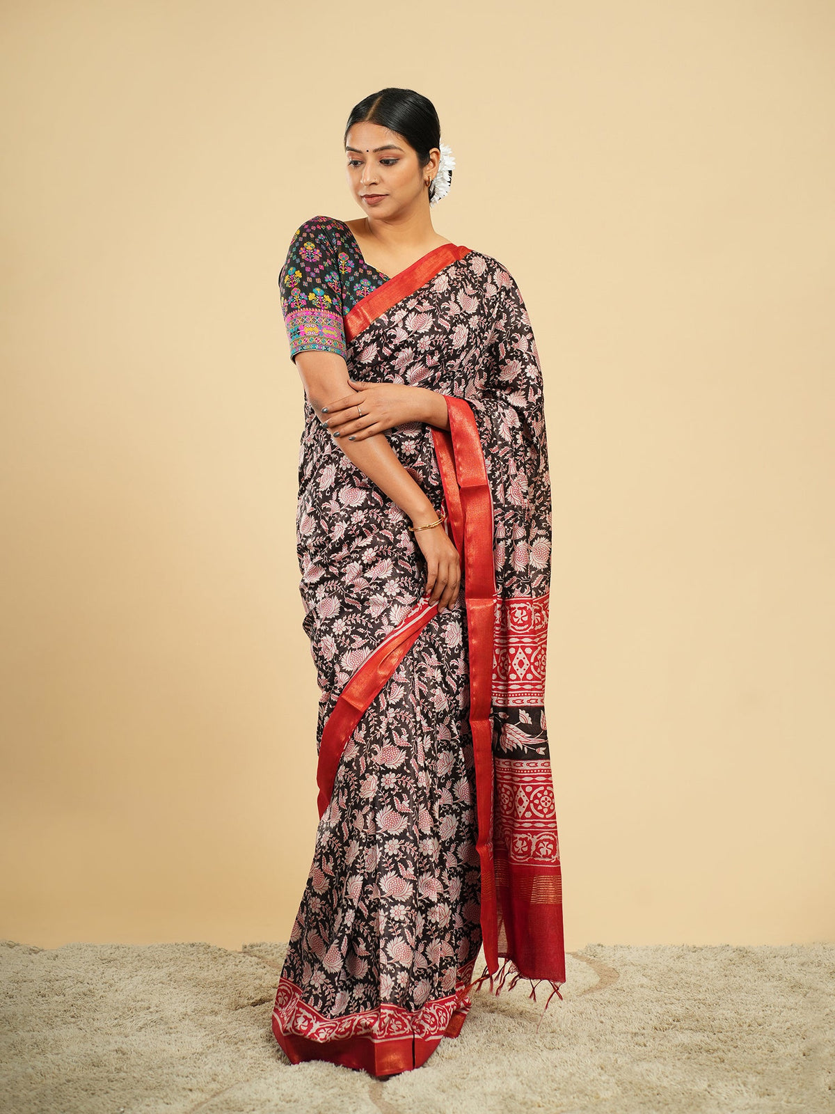 Rose block-print-inspired Modal saree, safe for a gentle machine wash — Koshnika