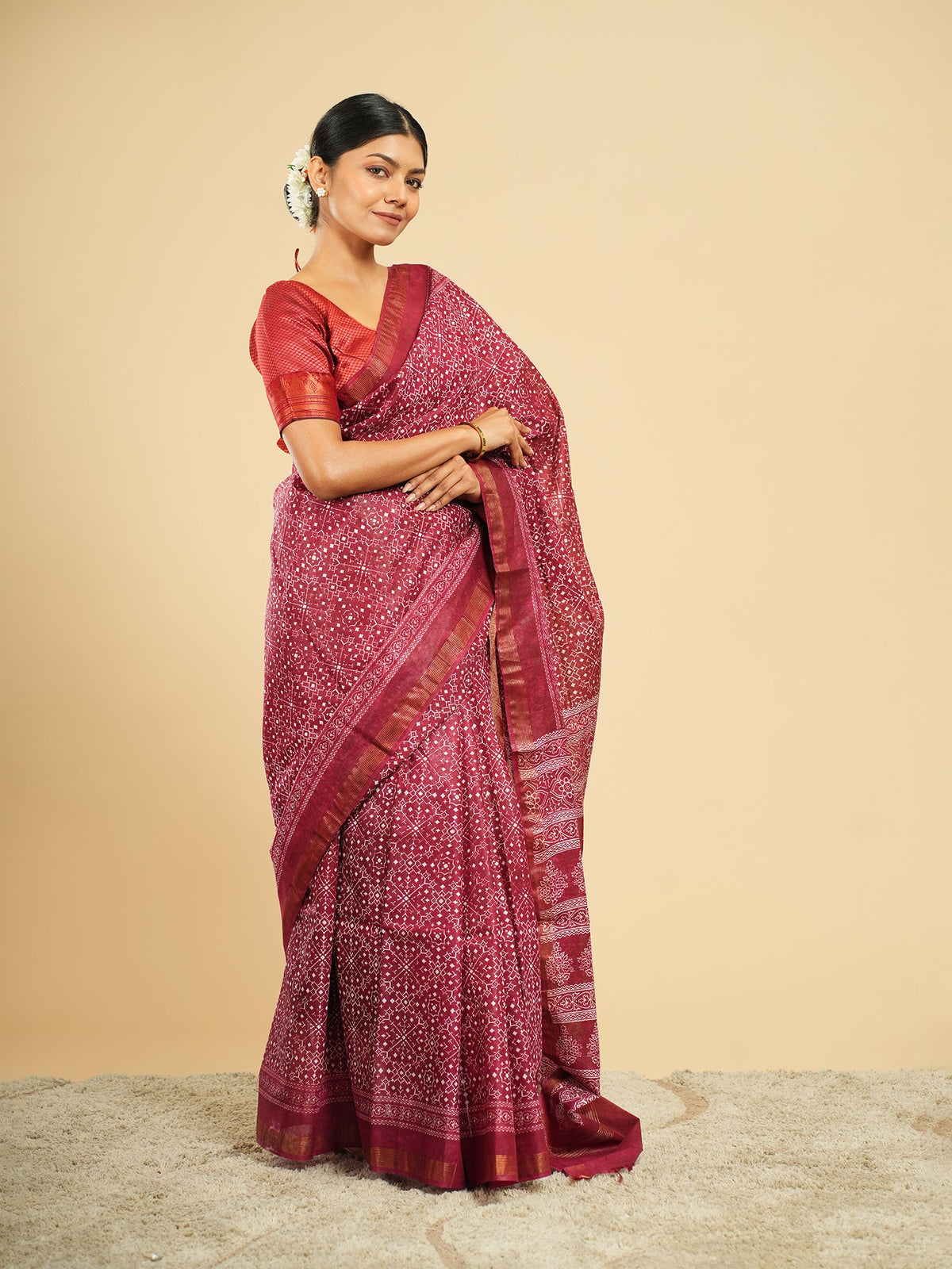 Deep rose Chanderi saree with block-print-inspired motifs, block printing on fabric, drape and fall — Koshnika