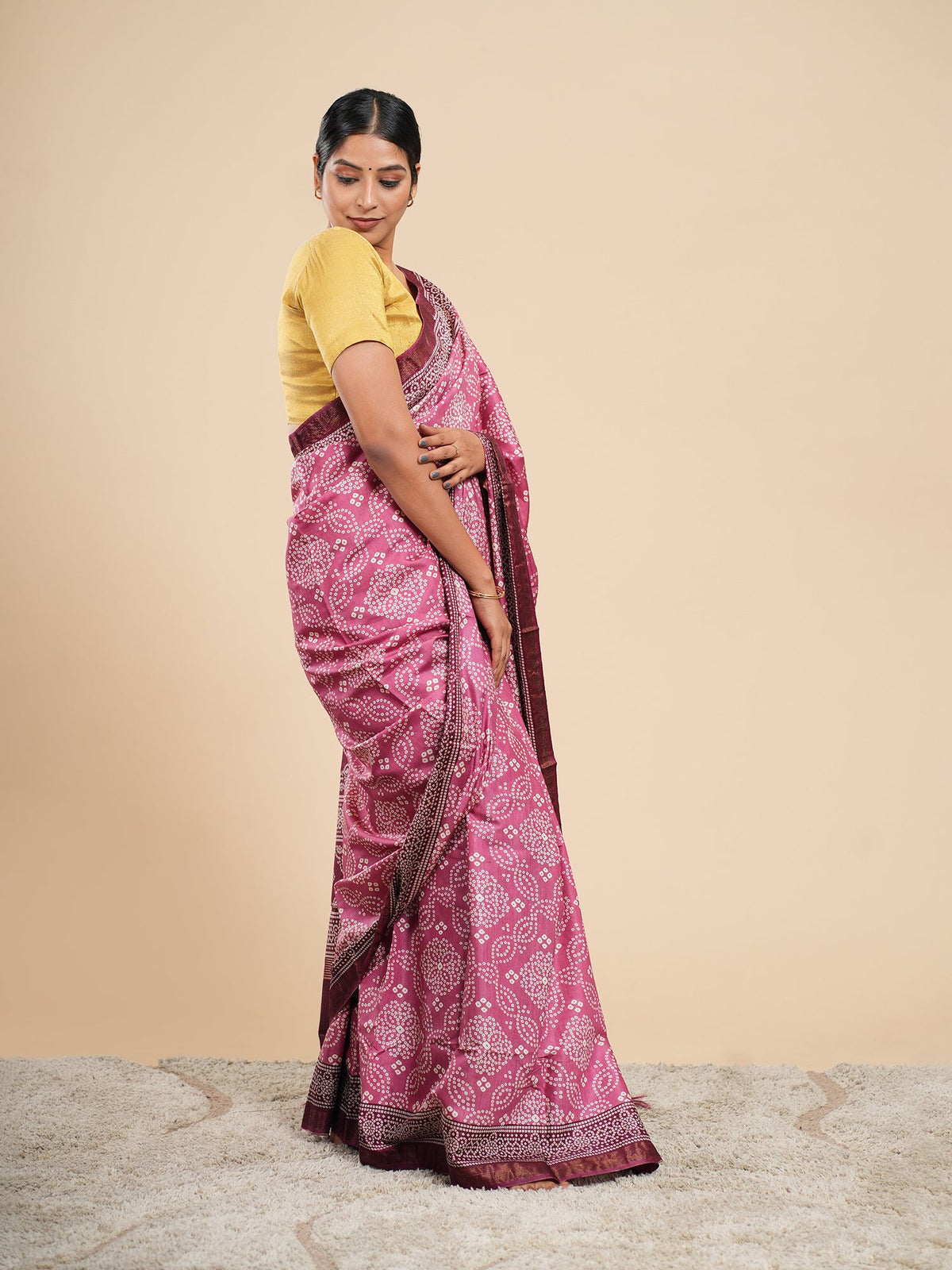 Rose pink Modal Bandhni-print saree drape, the dot look in Bandhani vs Leheriya — Koshnika