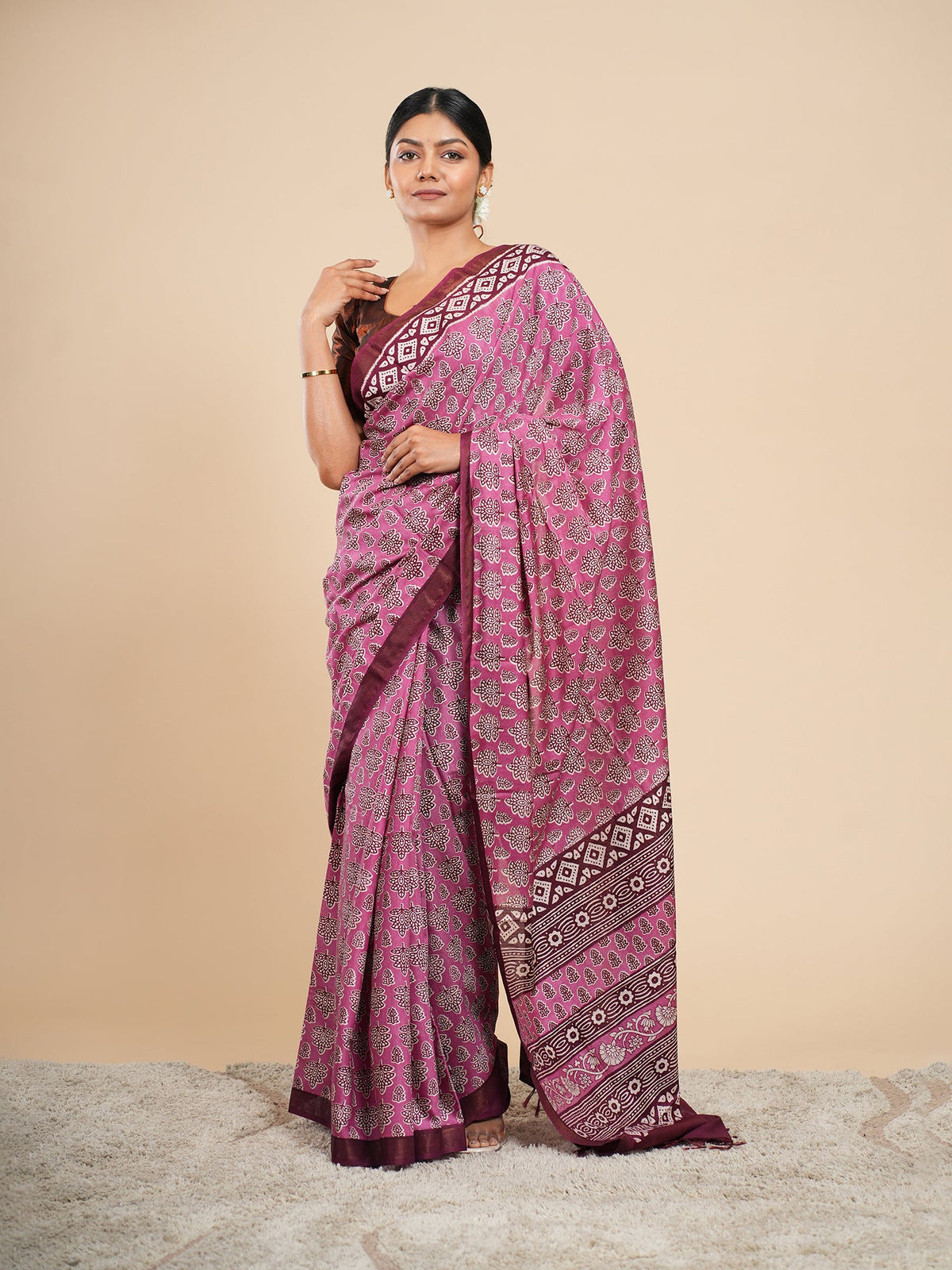 Pink Modal saree with block-print-inspired border, full drape — Koshnika