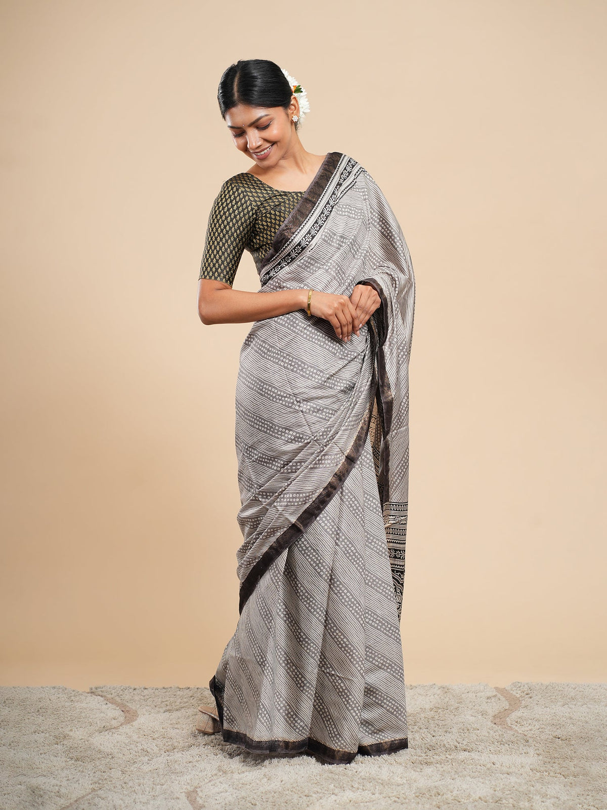 Silver grey Modal saree draped to show how modal fabric falls after washing — Koshnika