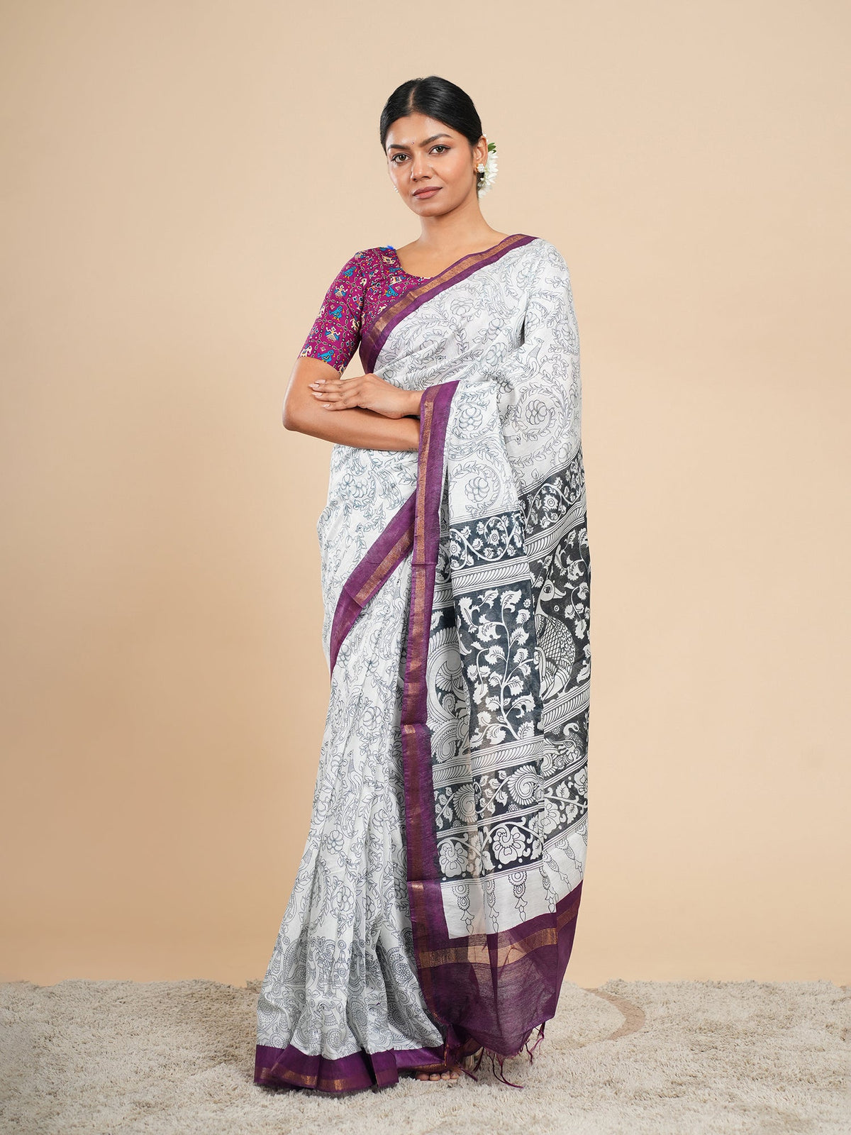 Off-white Chanderi saree drape showing the sheer body you check when identifying an original Chanderi saree — Koshnika