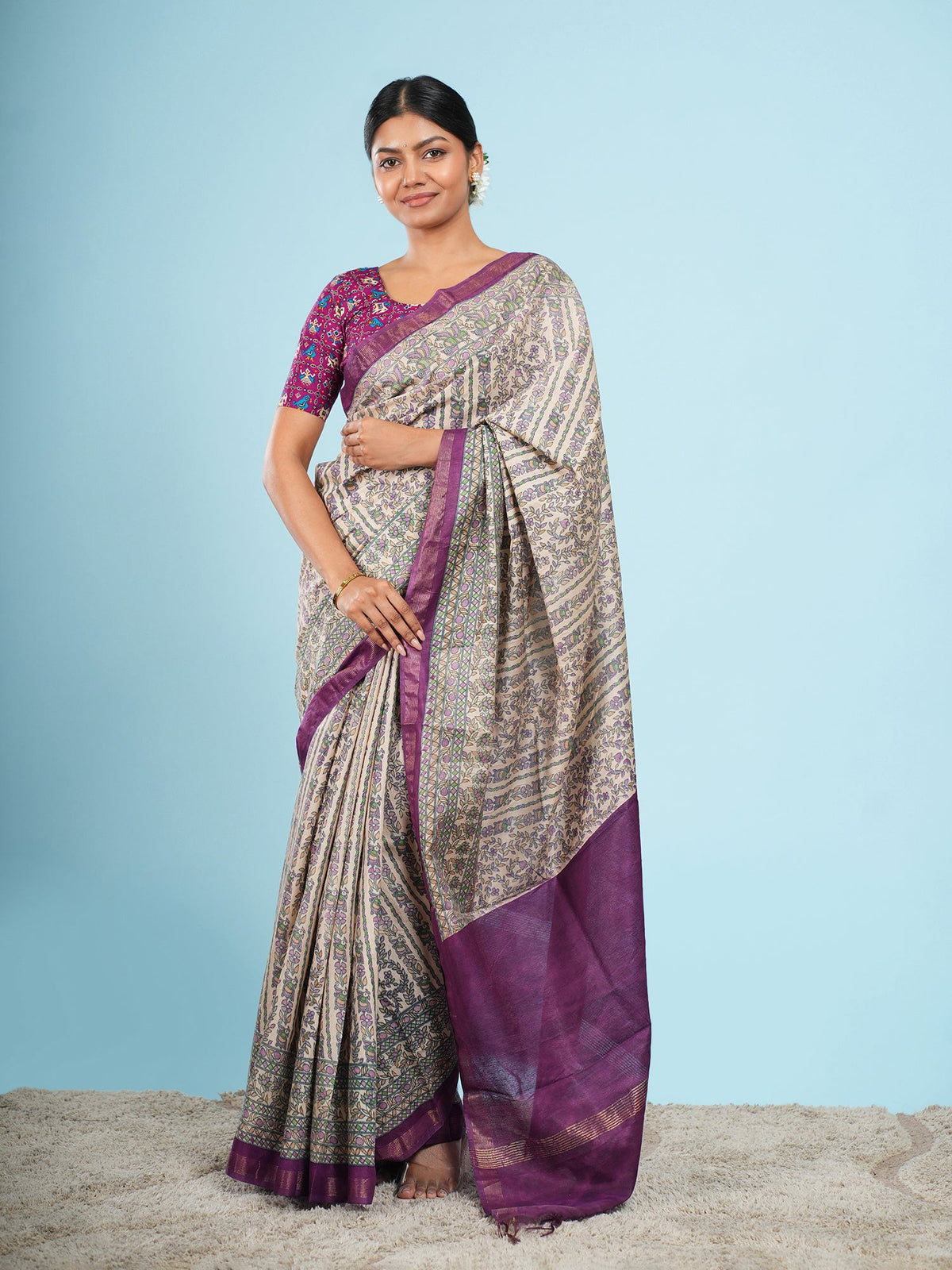 Ivory Chanderi saree drape showing the sheer, lightweight fall of Chanderi fabric — Koshnika