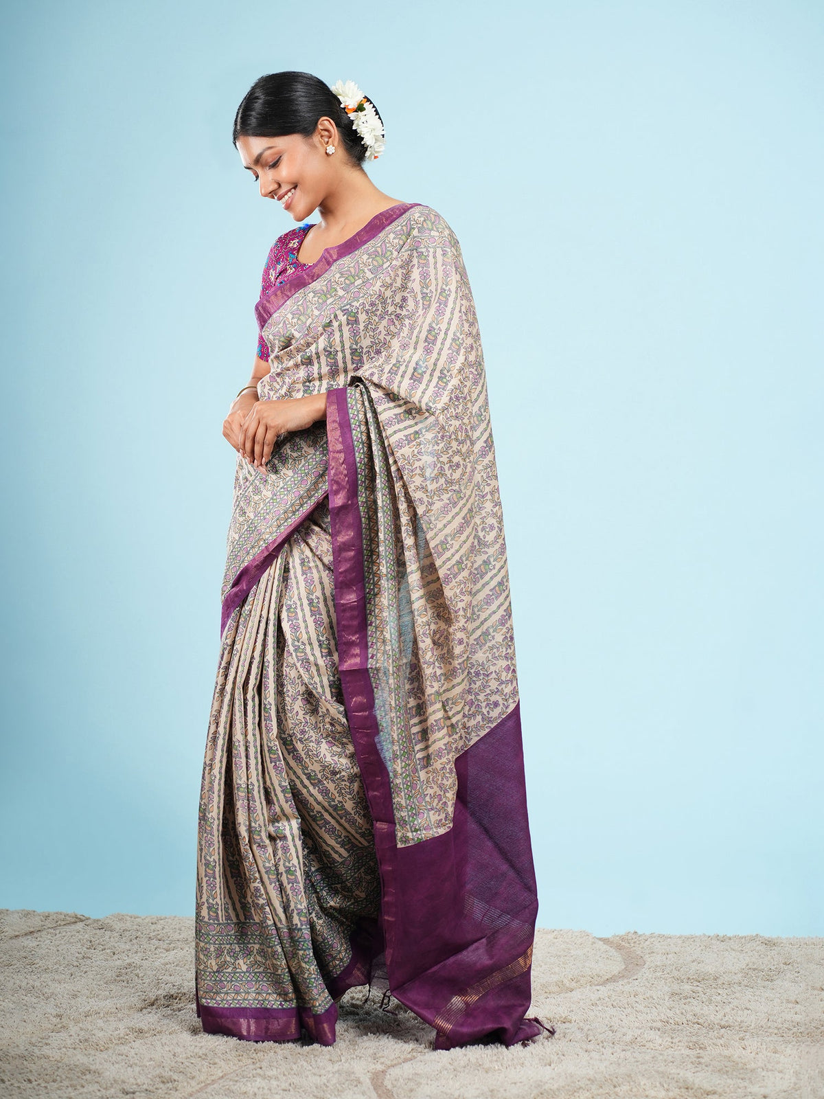 Ivory Chanderi saree draped to show how the lightest saree fabrics fall — Koshnika