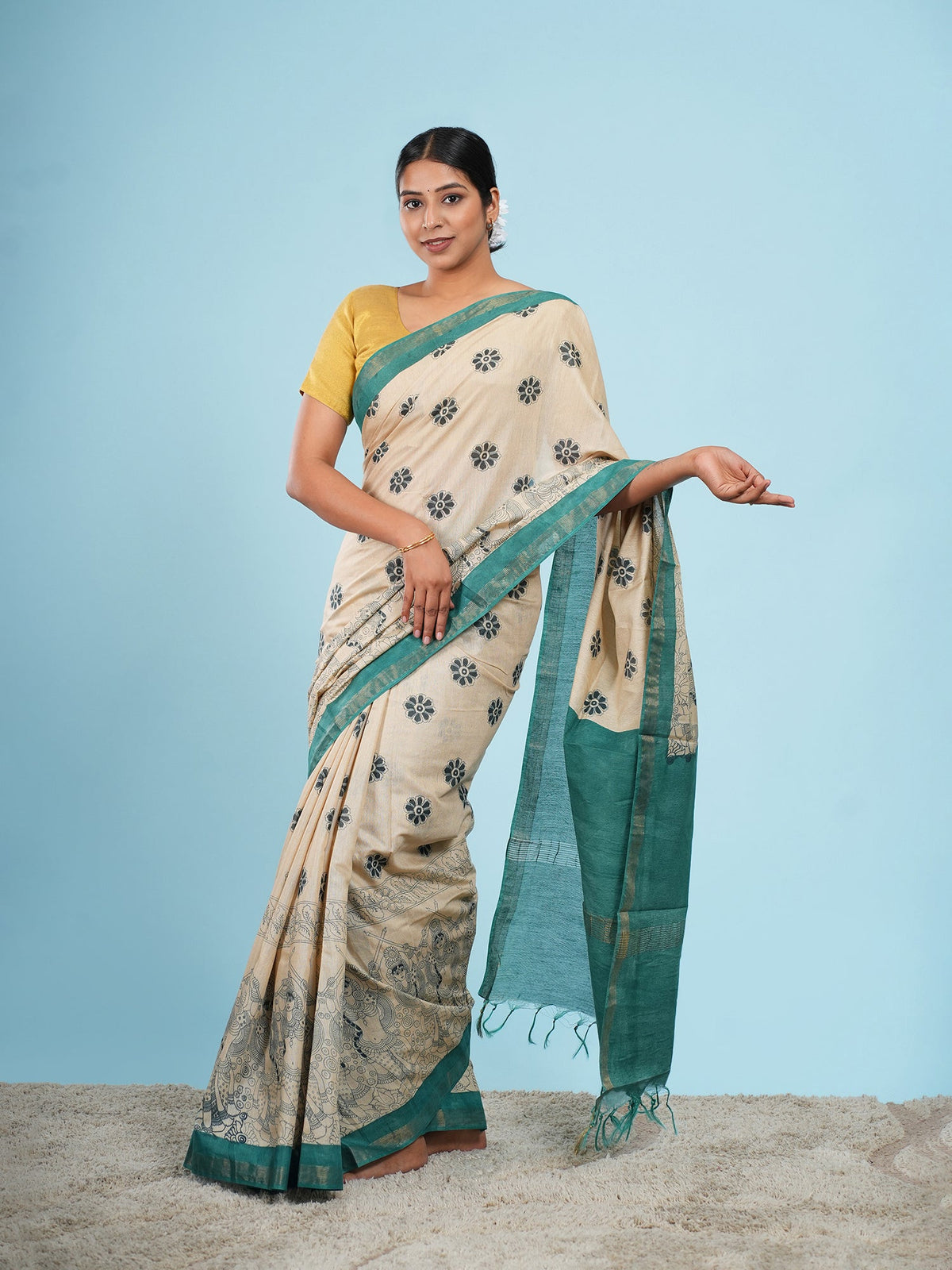 Ivory viscose saree with Kalamkari-style print — Koshnika