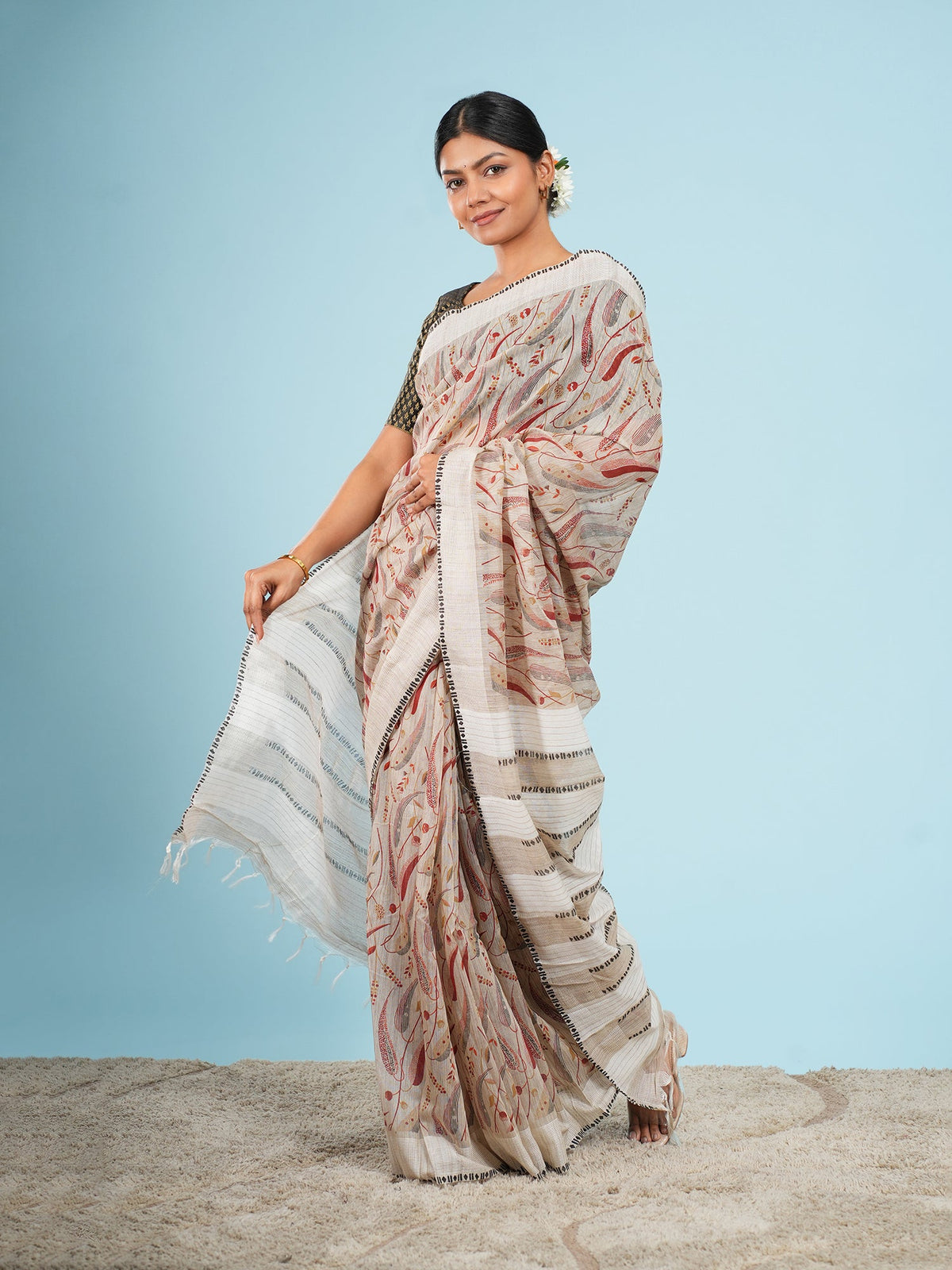 Ivory bamboo silk saree draped for summer wear in Indian heat — Koshnika