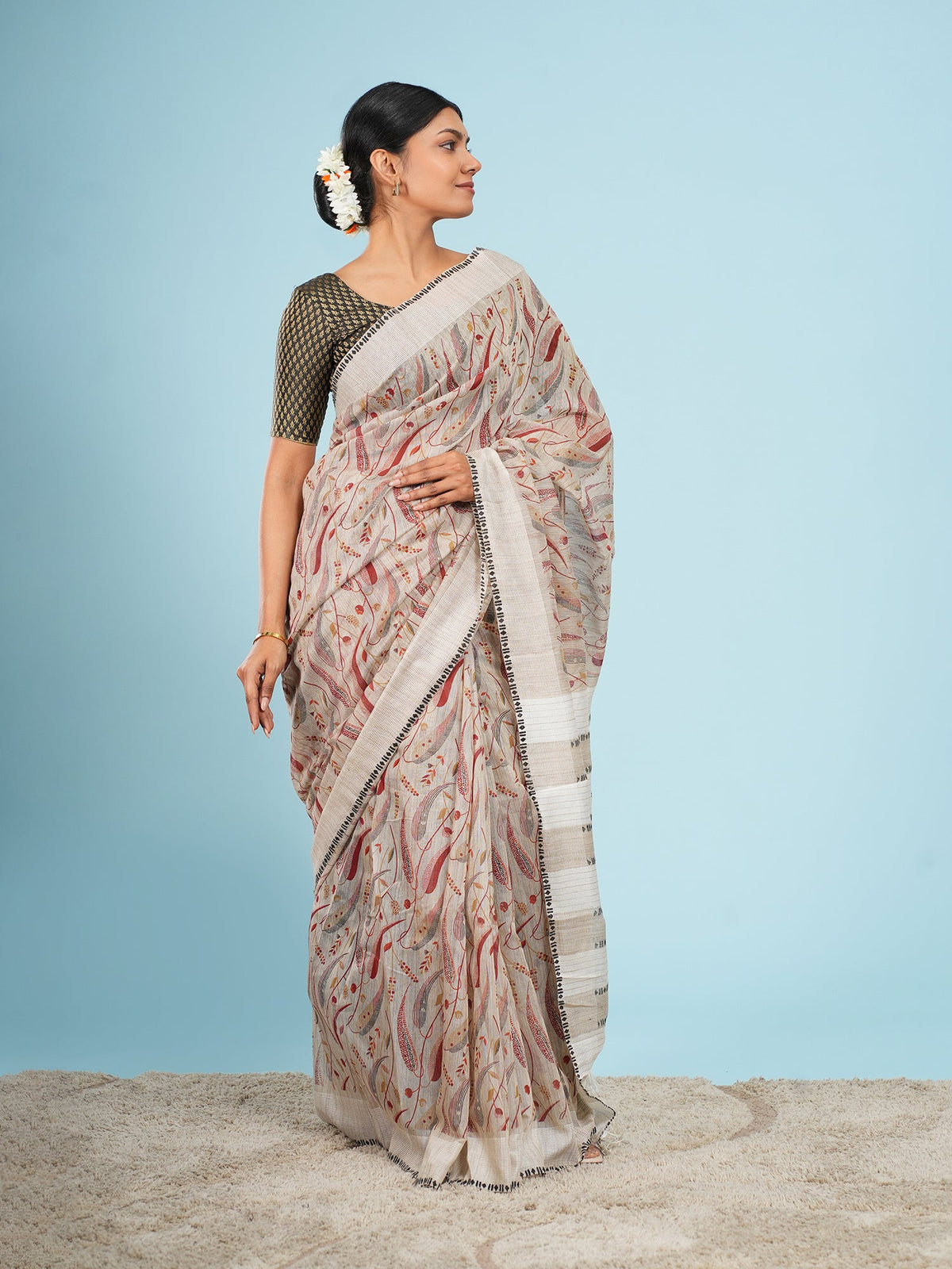 Ivory bamboo silk saree draped full length, the kind you can wash at home — Koshnika