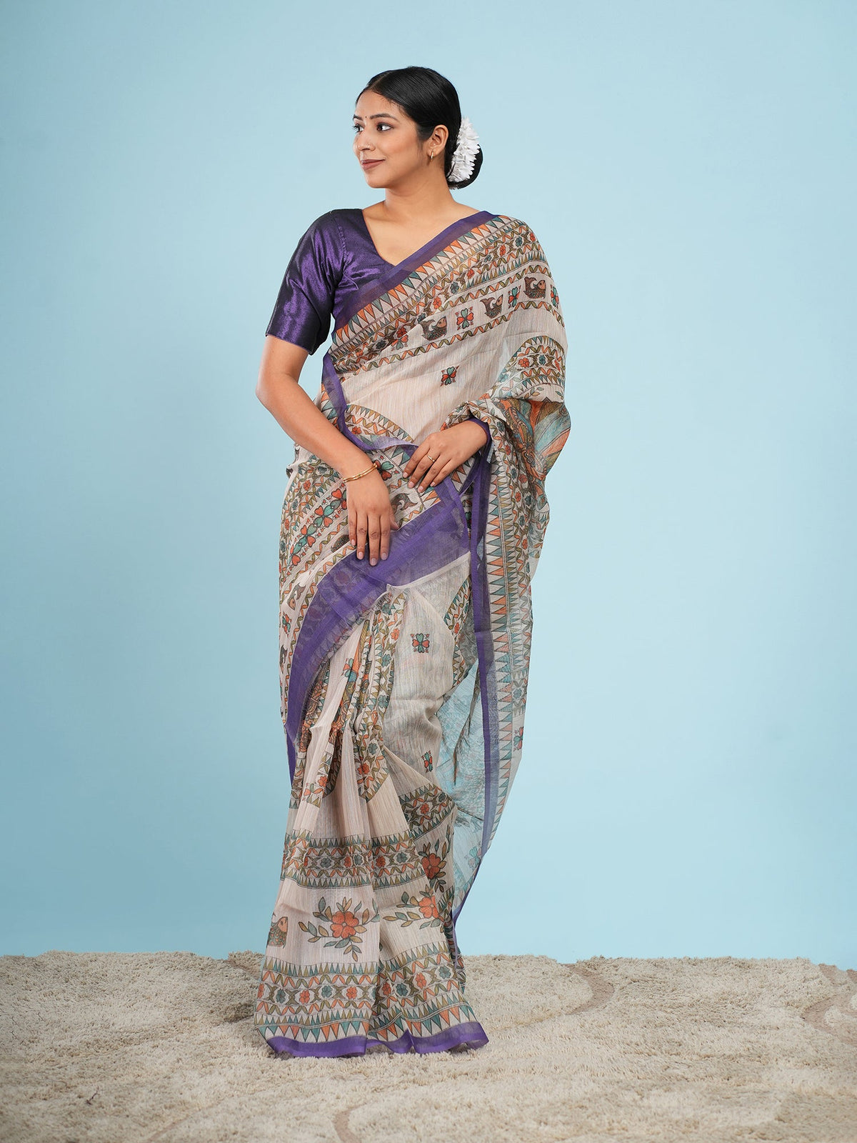 Beige and purple Tussar silk Madhubani saree draped full length — Koshnika