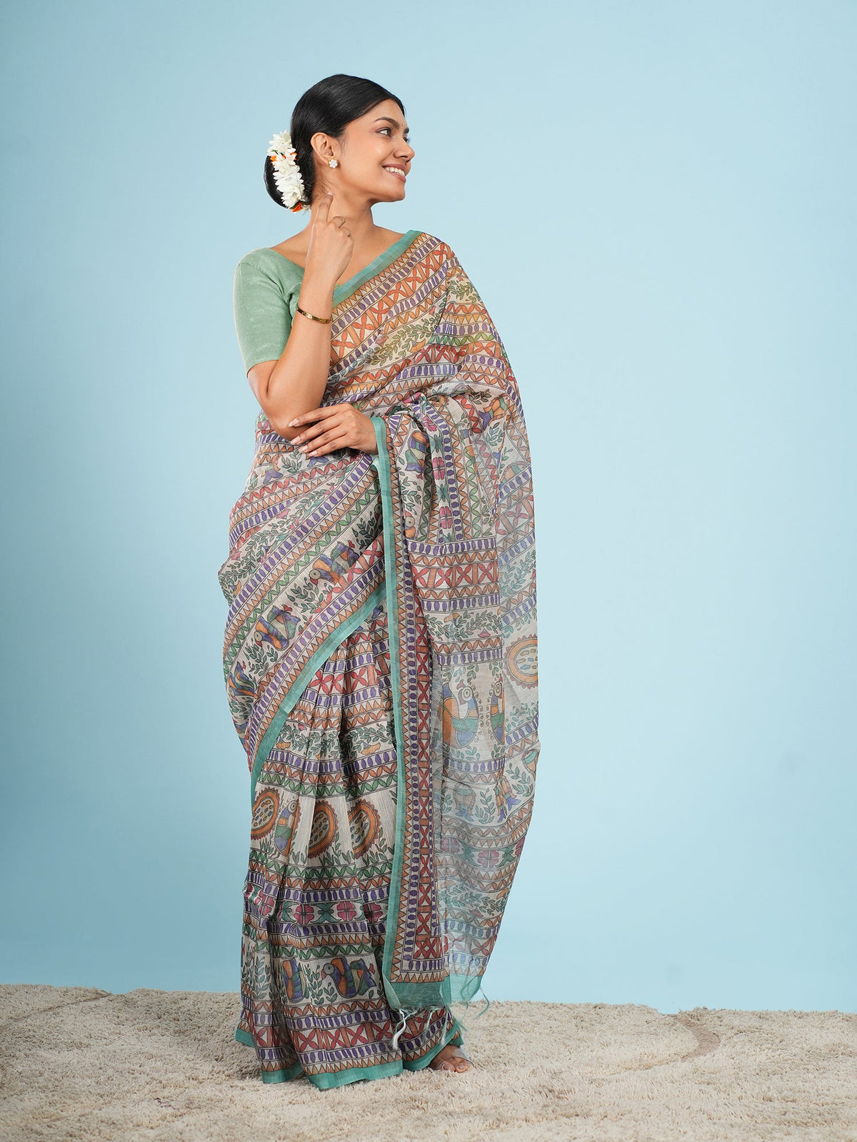 Ivory Tussar silk saree draped full-length, a guide to how to store sarees without creasing — Koshnika