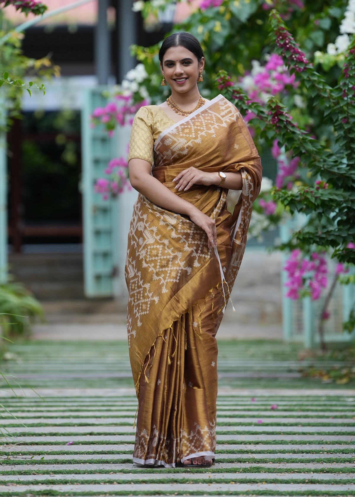 Golden tissue saree in old gold, a festive tissue saree with a soft metallic shimmer — Koshnika