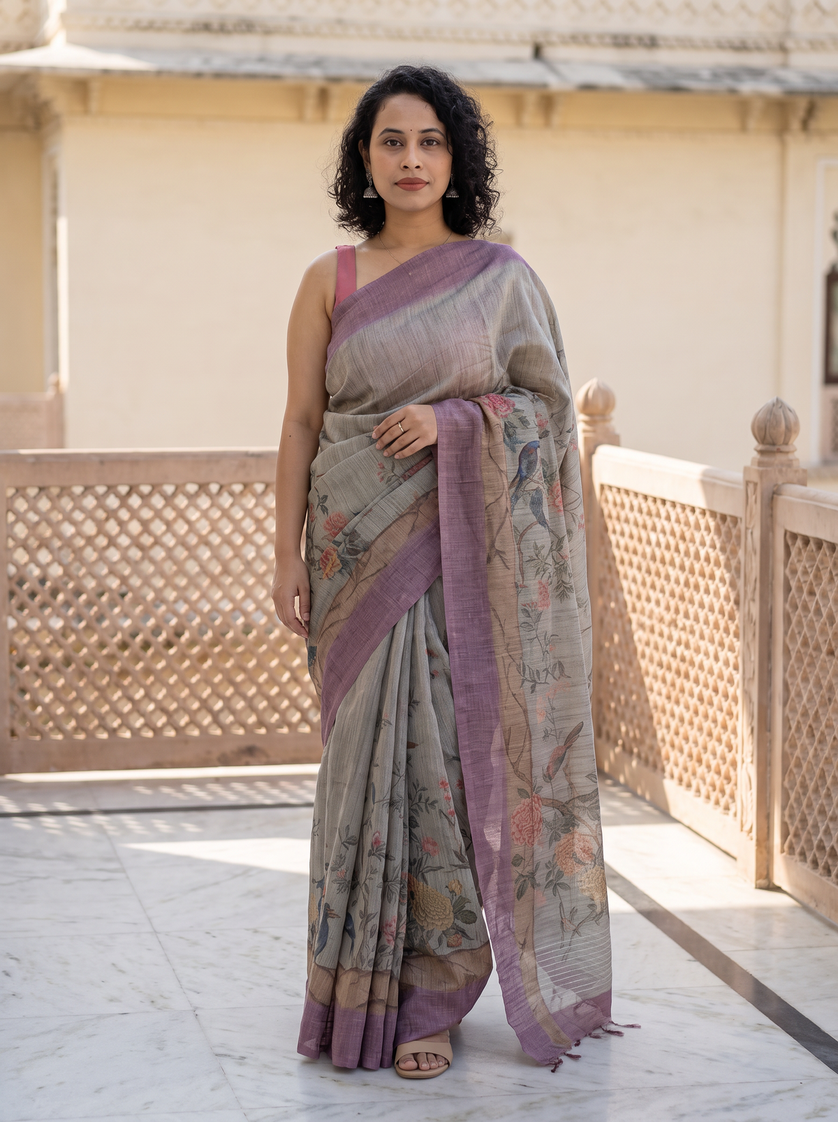 Sage grey bamboo tissue saree draped on a model, full-length front view — Koshnika