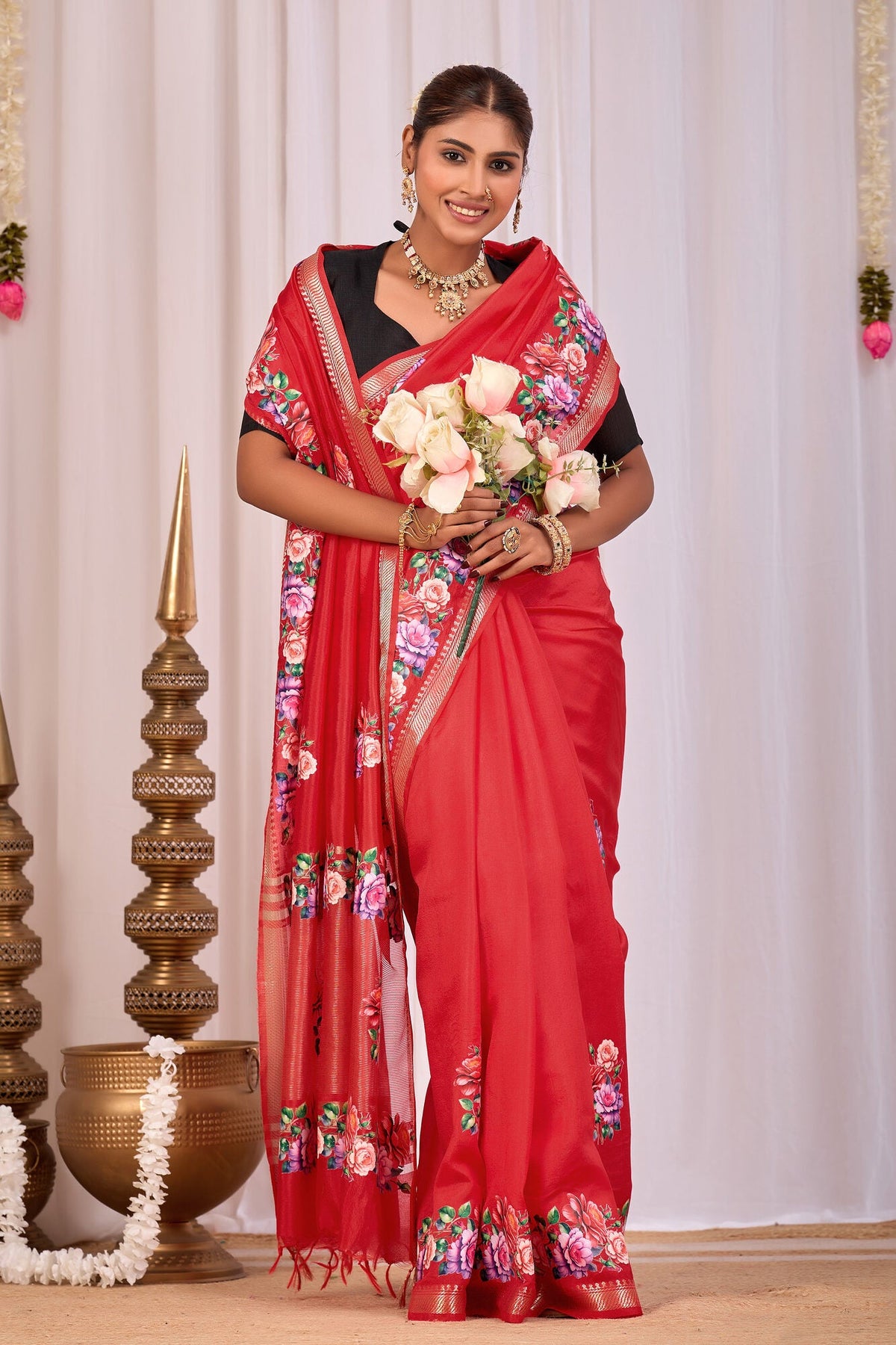 Aruna Scarlet Red Banana Silk Saree — draped view