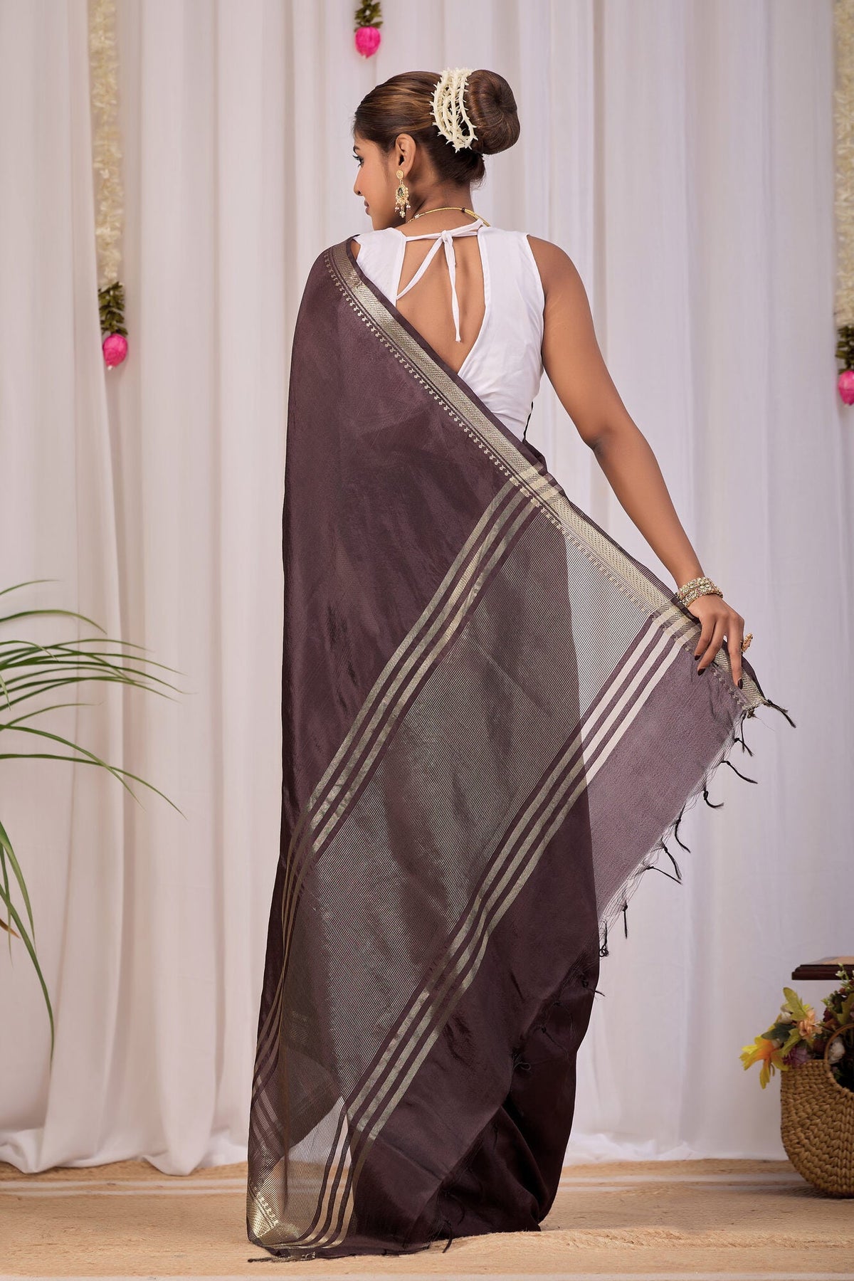 Bhumi Coffee Brown Banana Silk Saree — back view