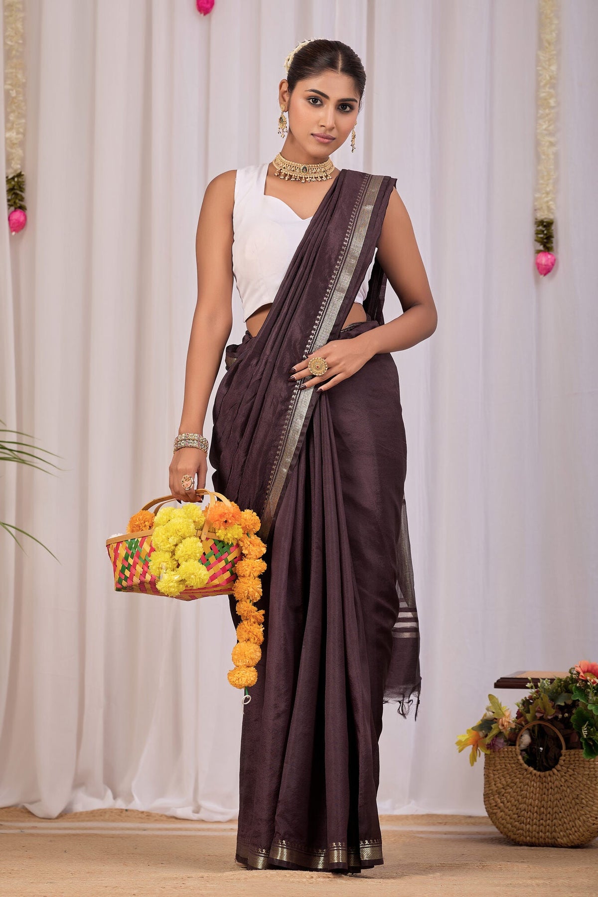 Bhumi Coffee Brown Banana Silk Saree — draped view