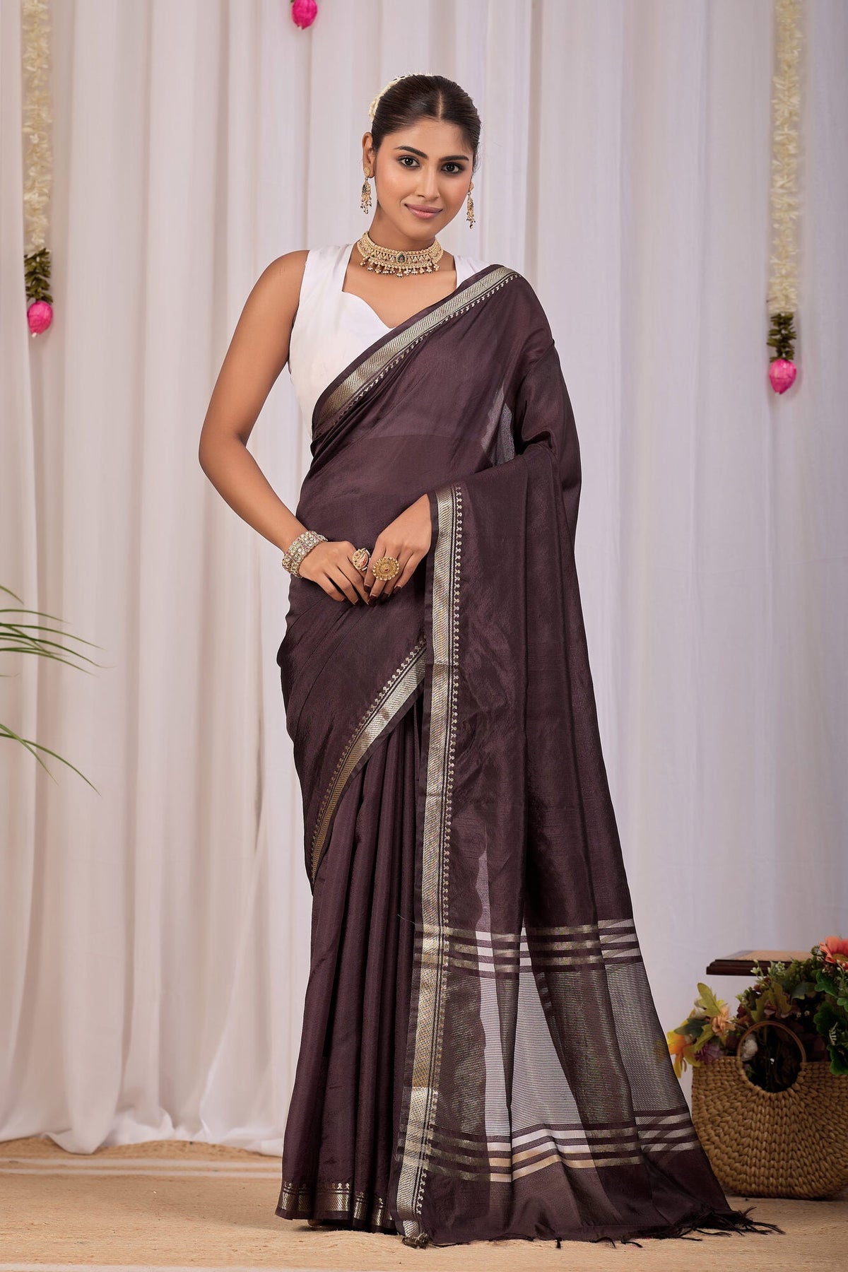 Bhumi Coffee Brown Banana Silk Saree — front view