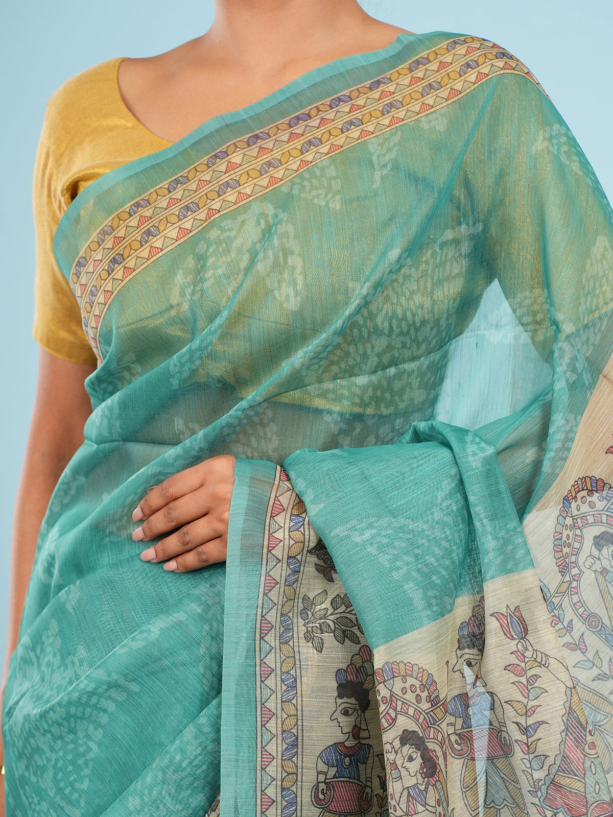 Sea green Tussar silk Madhubani-print saree, border detail – Koshnika
