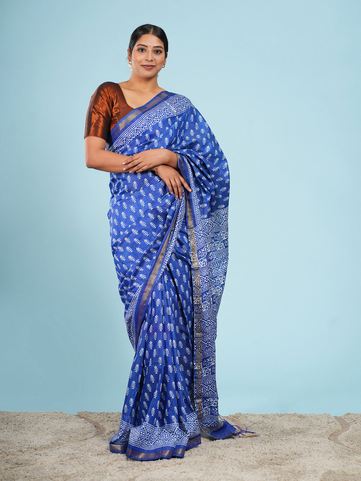 Blue Vegan Silk buti-print saree – Koshnika