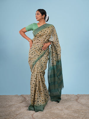Sage green bamboo silk block-print saree – Koshnika