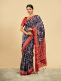 Navy Modal floral-print saree, red border – Koshnika