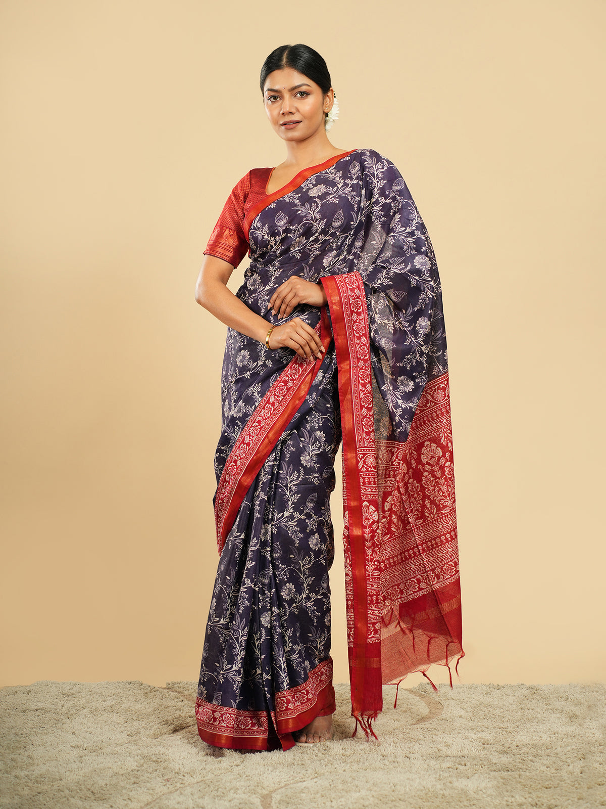 Navy Modal floral-print saree, red border – Koshnika