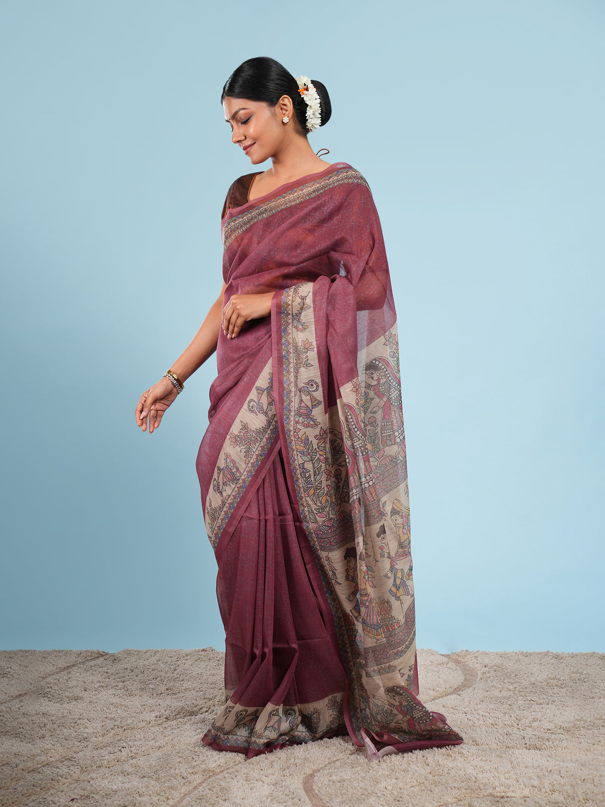 Deep maroon Tussar silk Madhubani-print saree, drape and fall – Koshnika