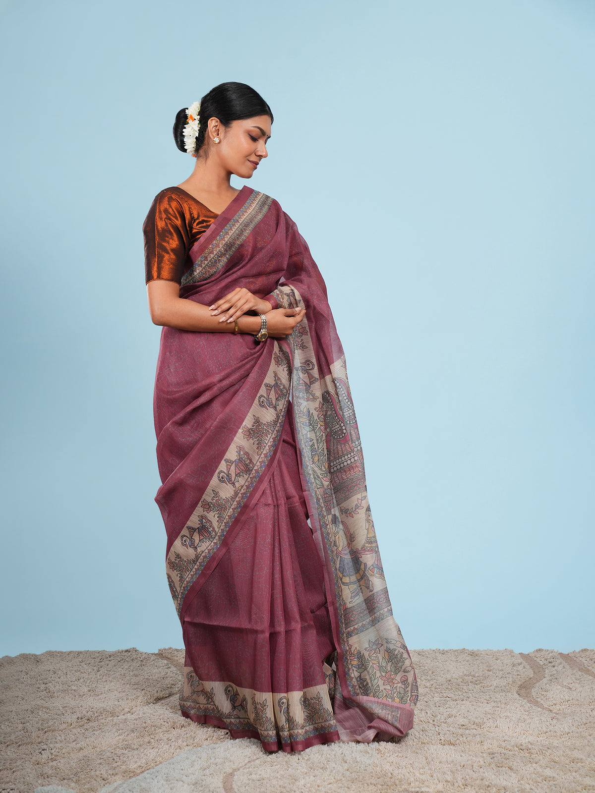 Deep maroon Tussar silk Madhubani-print saree, full-length drape – Koshnika