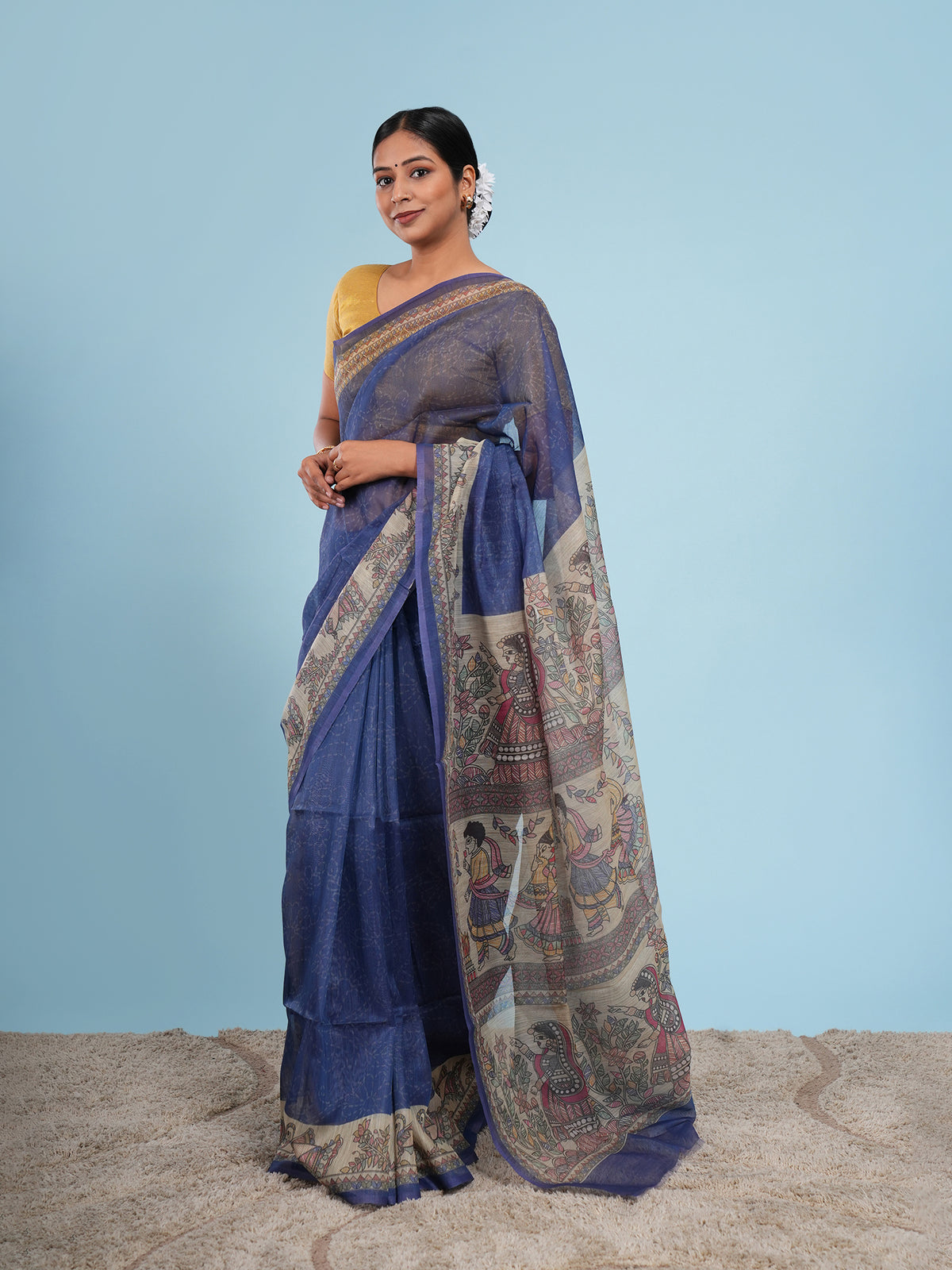 Royal blue Tussar silk Madhubani-print saree, border detail – Koshnika
