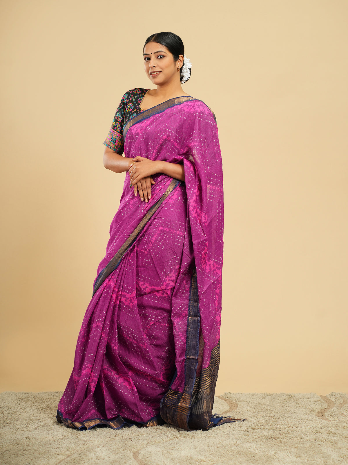 Jamun purple jacquard-border saree, woven border close-up – Koshnika