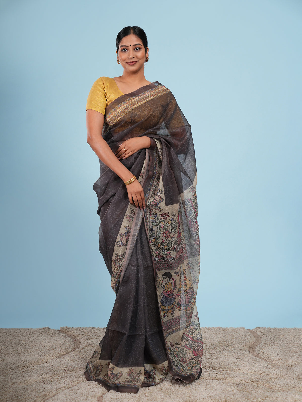 Charcoal Tussar silk Madhubani-print saree – Koshnika