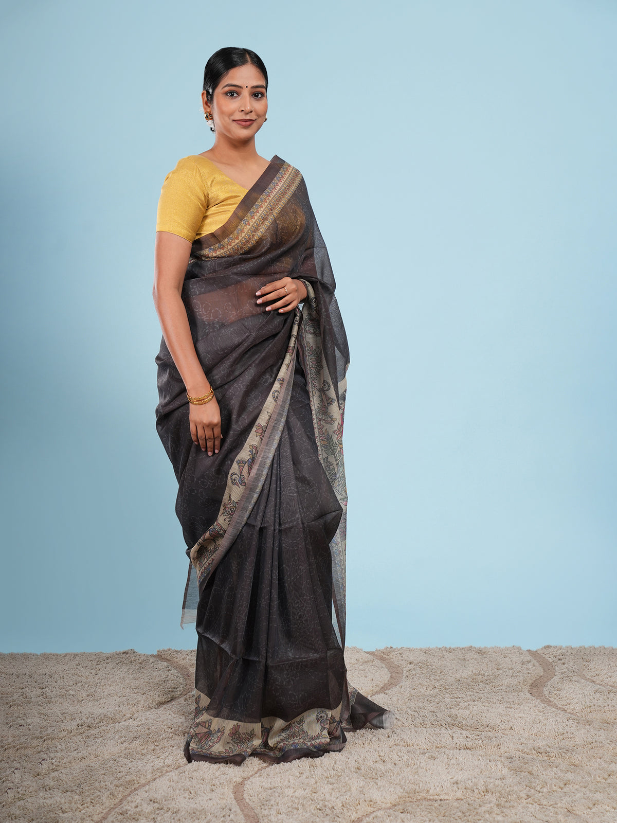 Charcoal Tussar silk Madhubani-print saree, drape and fall – Koshnika