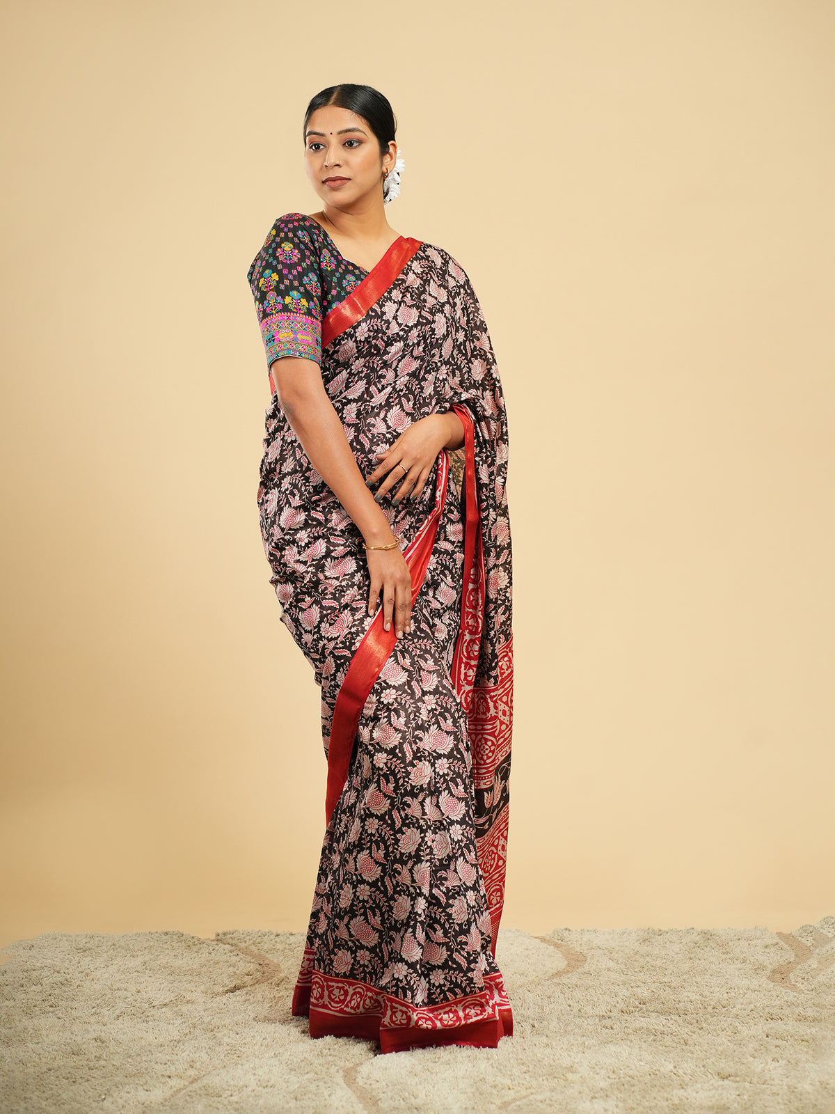 Rose Modal block-print saree, drape and fall – Koshnika