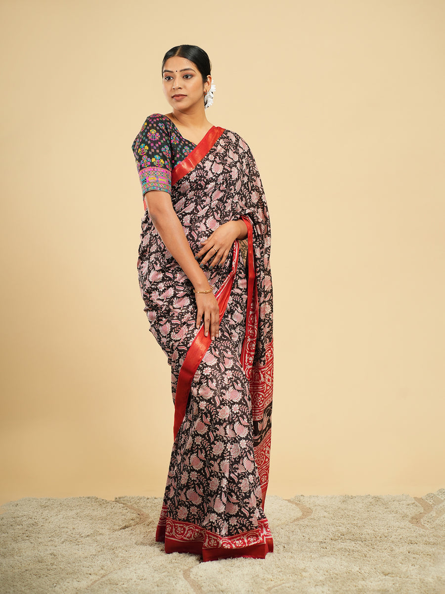 Rose Modal block-print saree, drape and fall – Koshnika