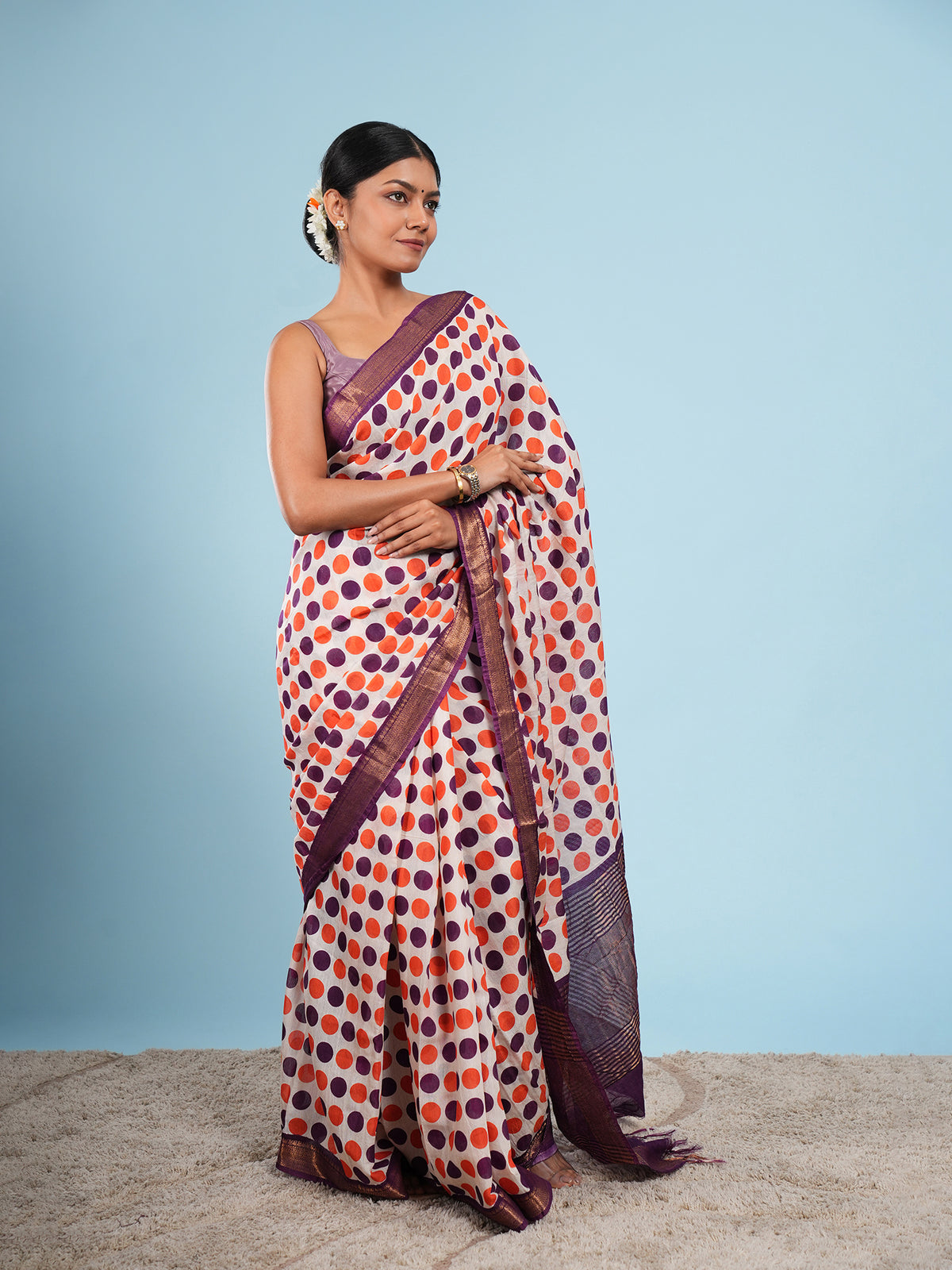 Ivory Vegan Silk polka-dot print saree, drape and fall – Koshnika