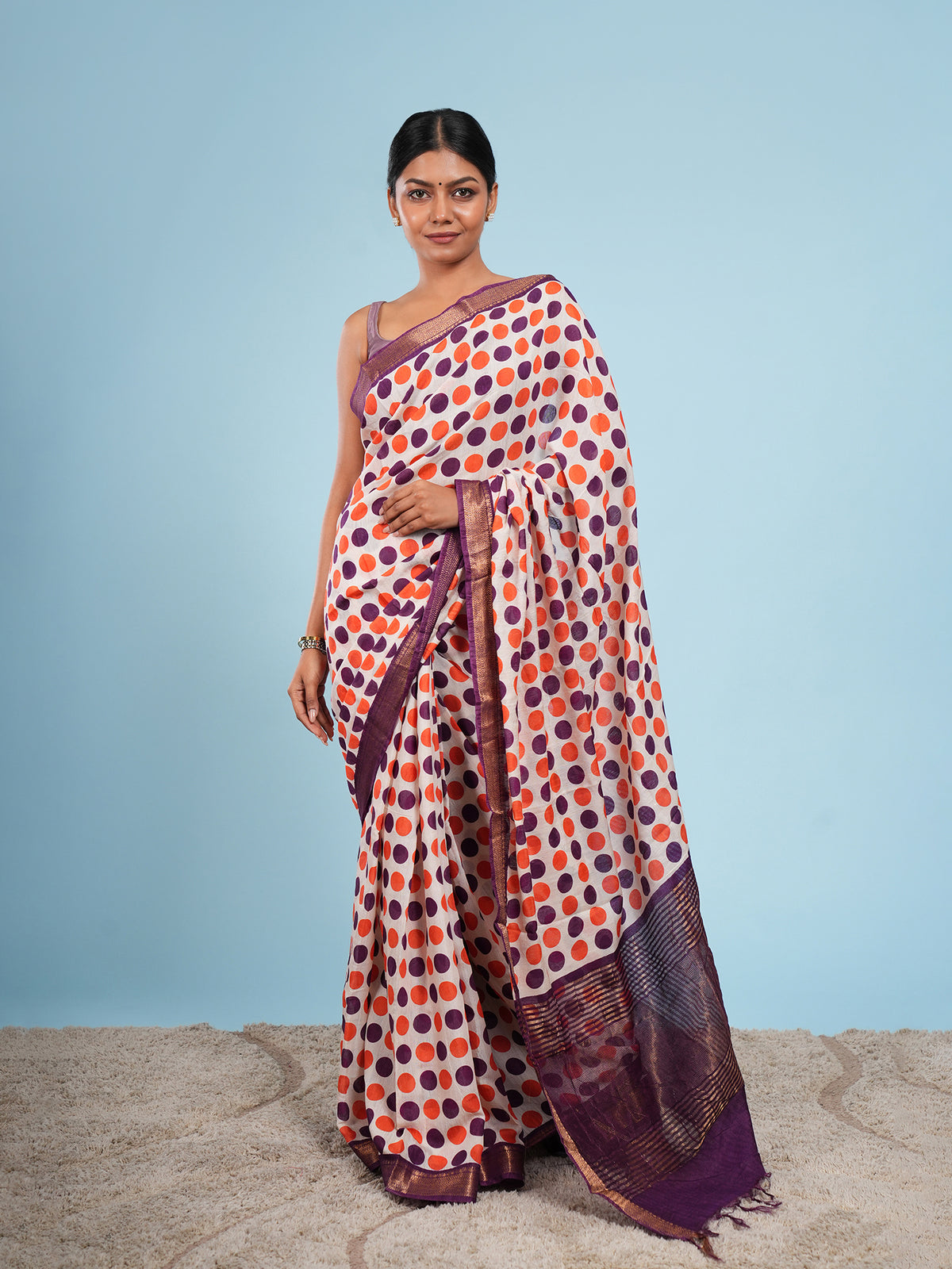 Ivory Vegan Silk polka-dot print saree, dot pattern close-up – Koshnika