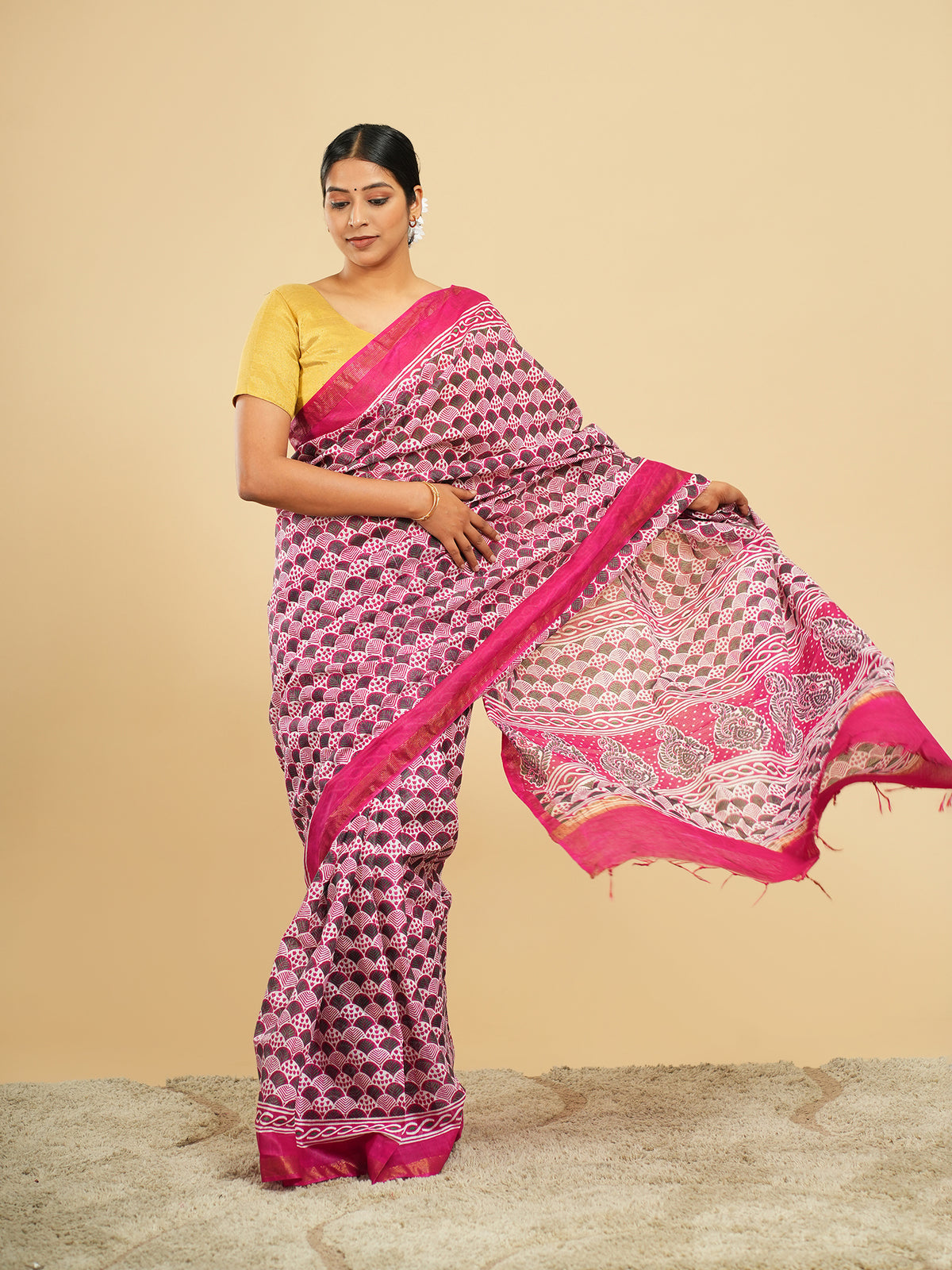 Rani pink Chanderi block-print saree, full-length drape – Koshnika