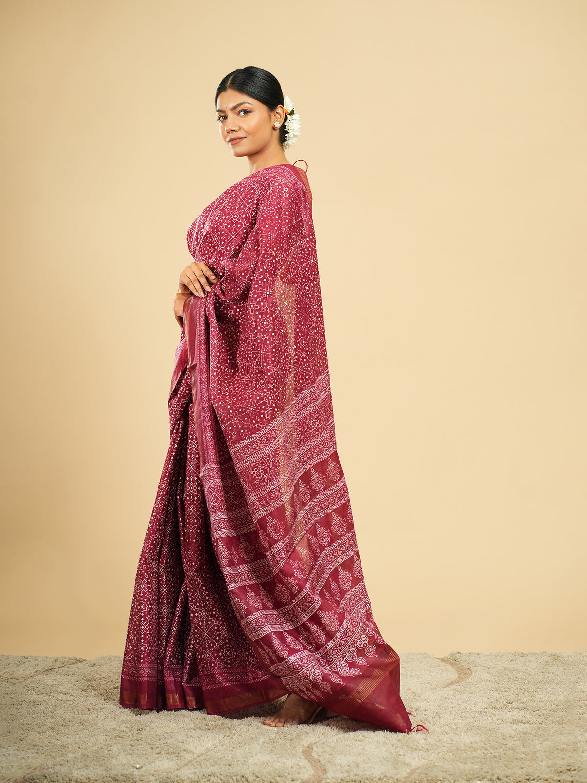Deep rose Chanderi block-print saree, full-length drape – Koshnika