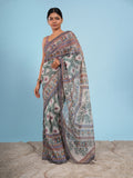 Natural Tussar silk Madhubani-print saree, grey border – Koshnika