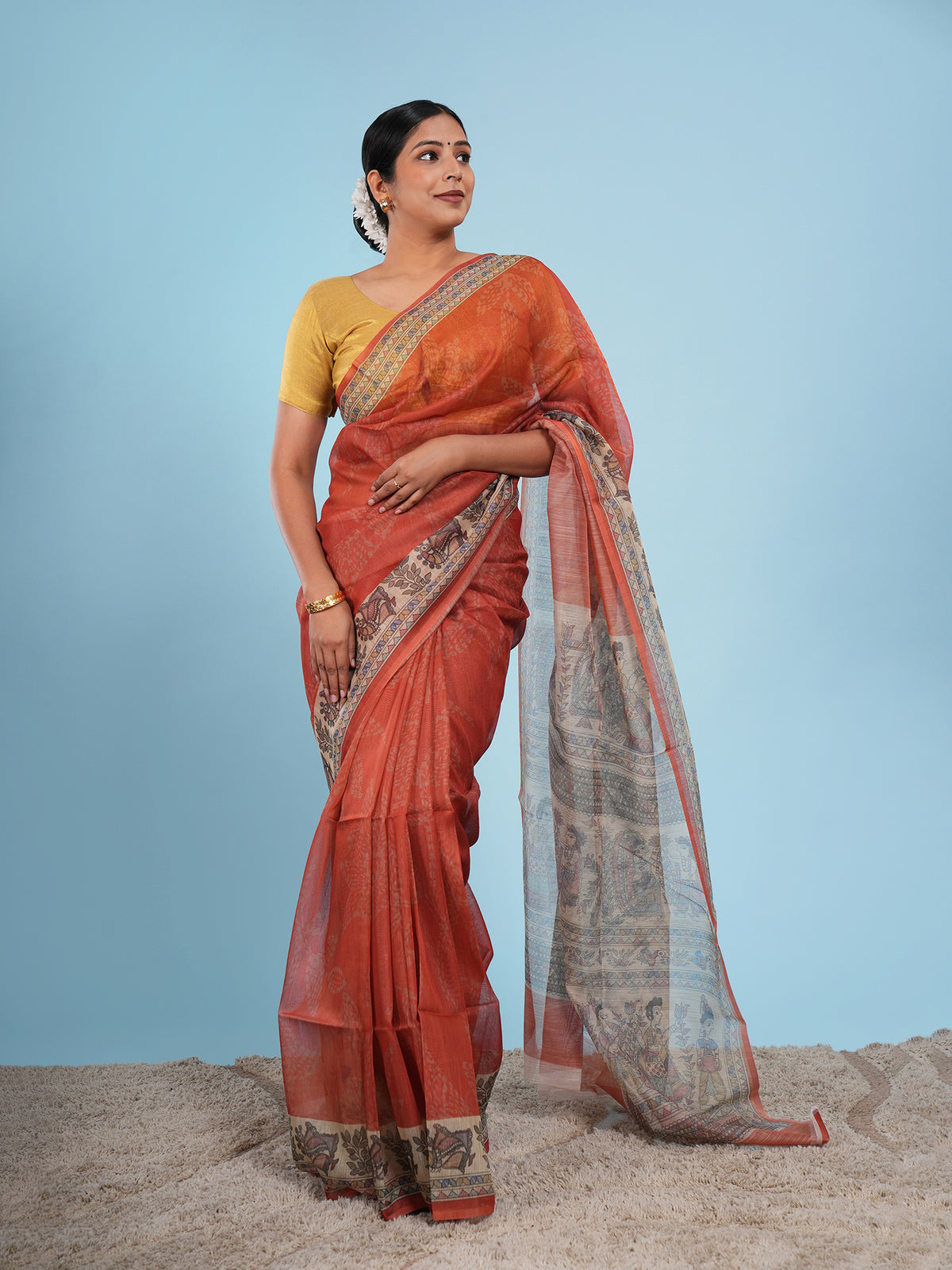 Copper orange Tussar silk Madhubani-print saree – Koshnika