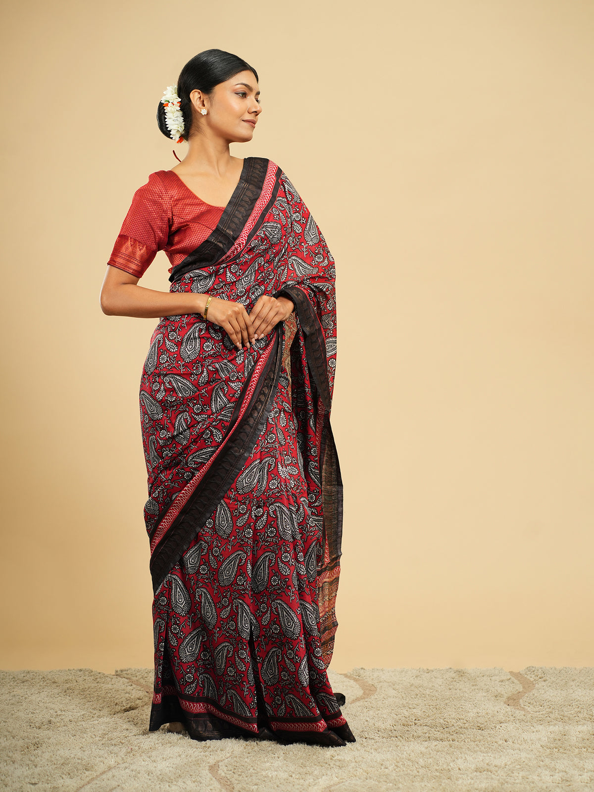 Crimson red Modal block-print saree, full-length drape – Koshnika