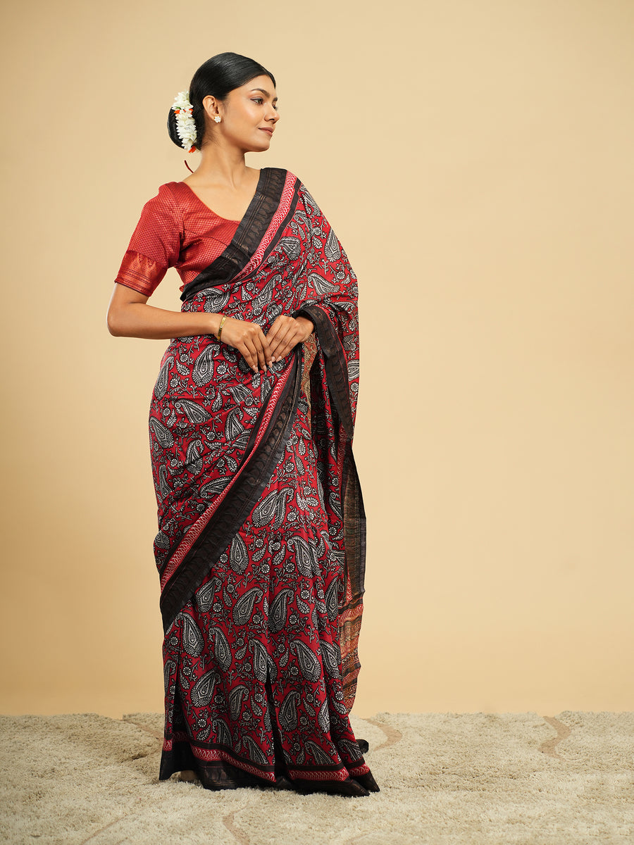 Crimson red Modal block-print saree, full-length drape – Koshnika