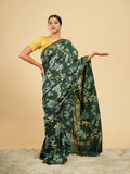 Dark green floral block-print saree – Koshnika