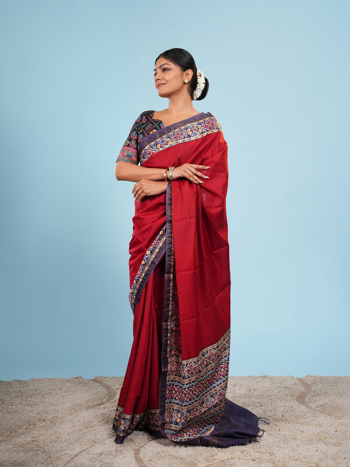 Red Modal Patola-border print saree, border detail – Koshnika