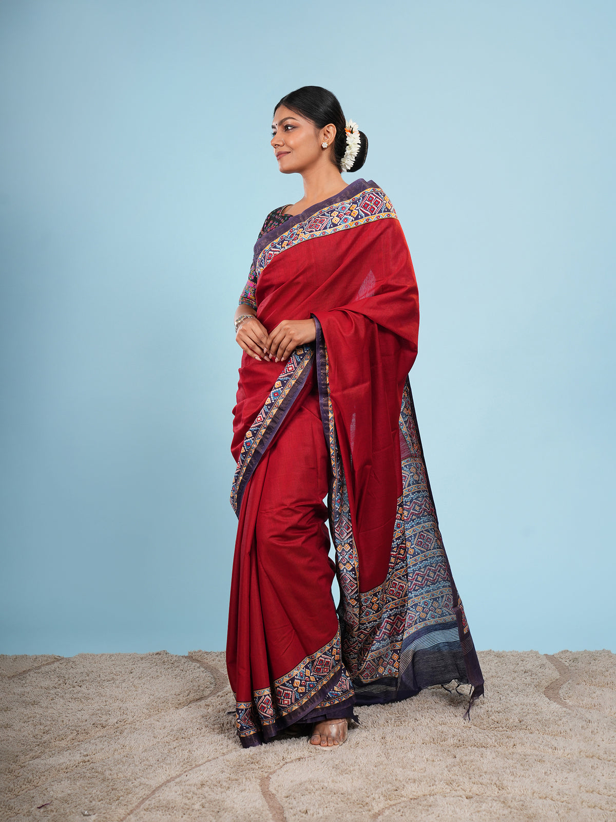 Red Modal Patola-border print saree, Patola border close-up – Koshnika