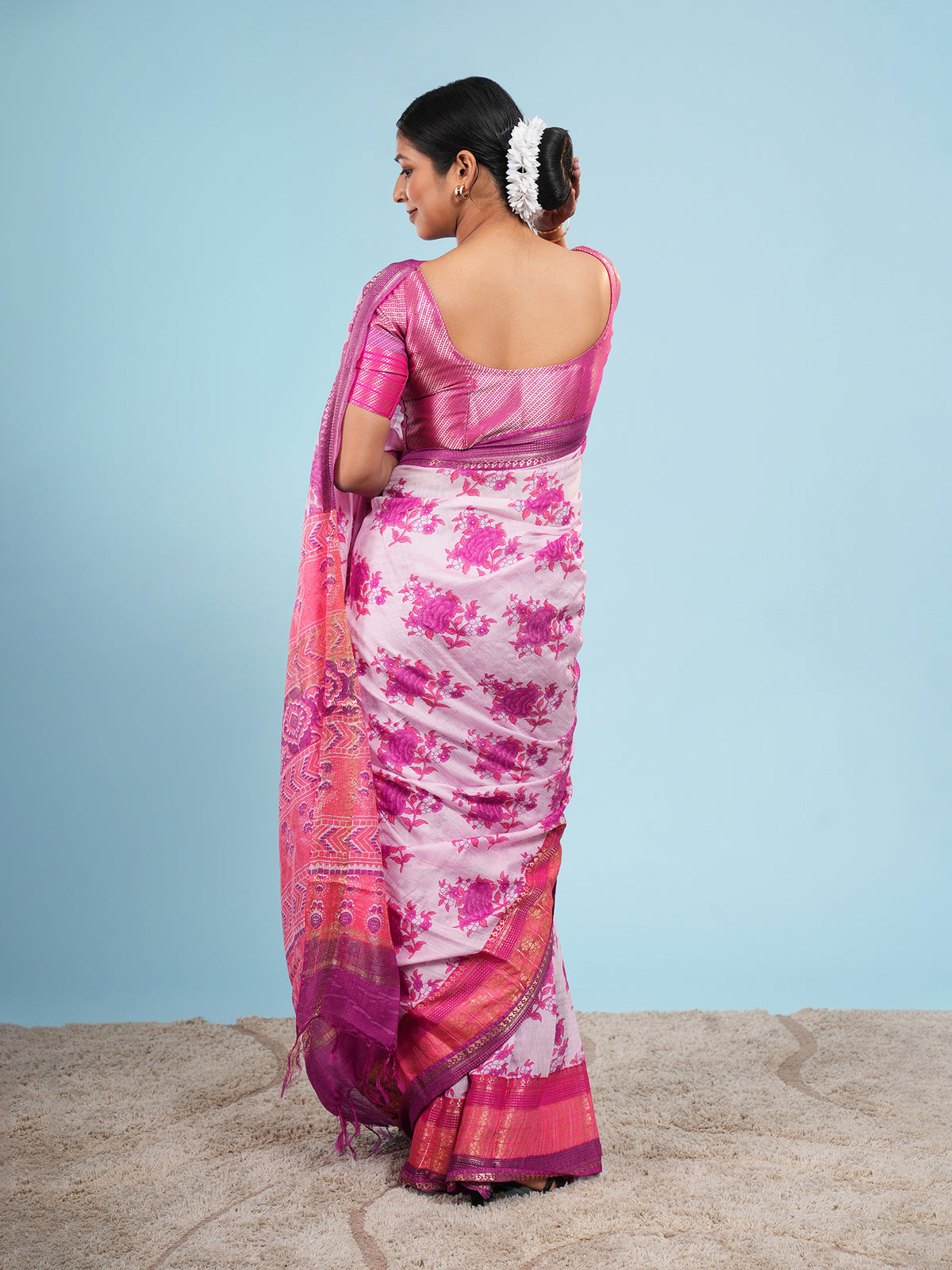 Pink Vegan Silk floral print saree, full-length drape – Koshnika