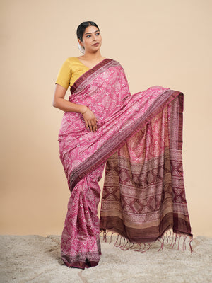 Rose pink Modal Bandhni-print saree – Koshnika