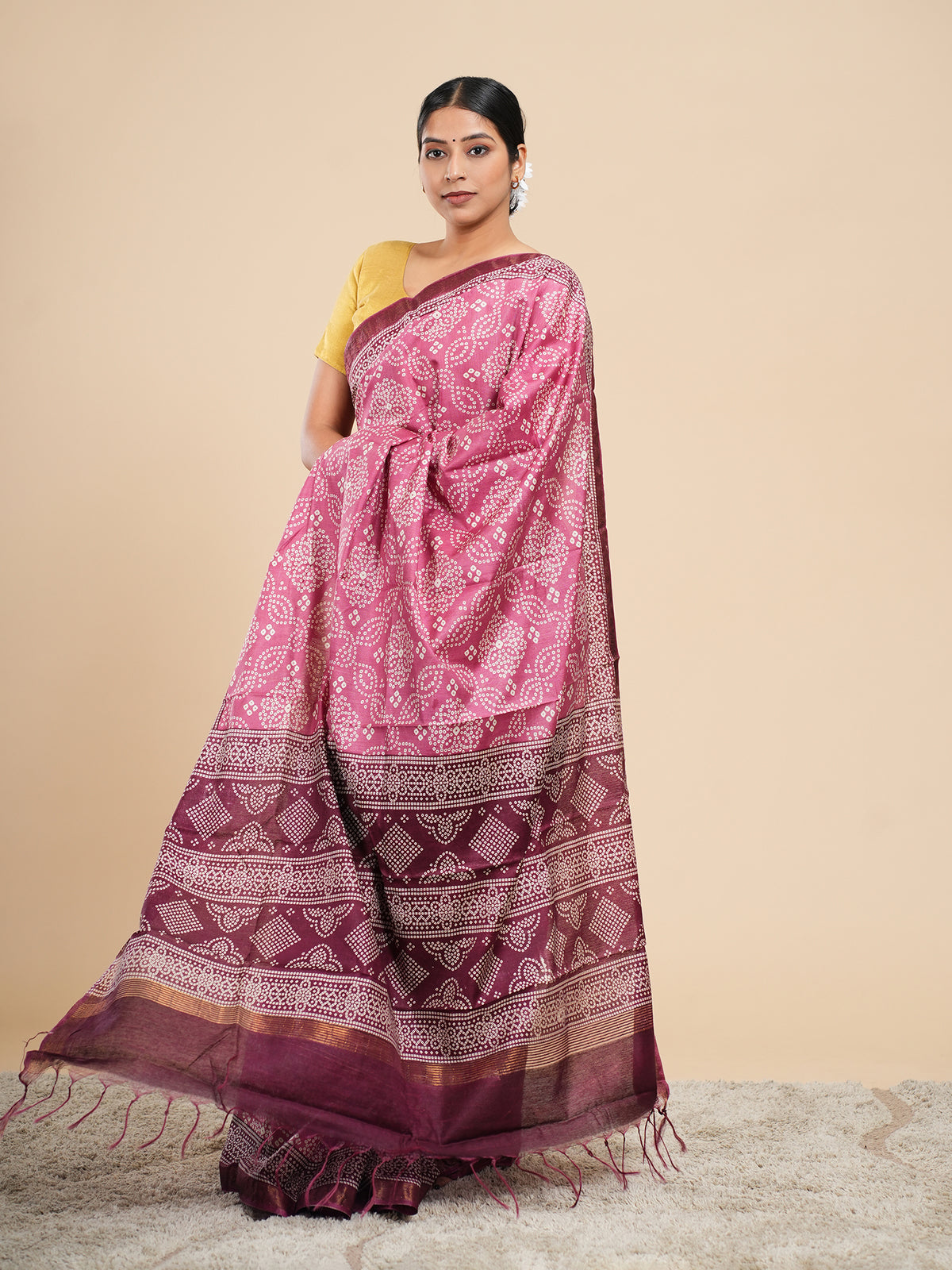 Rose pink Modal Bandhni-print saree, border detail – Koshnika